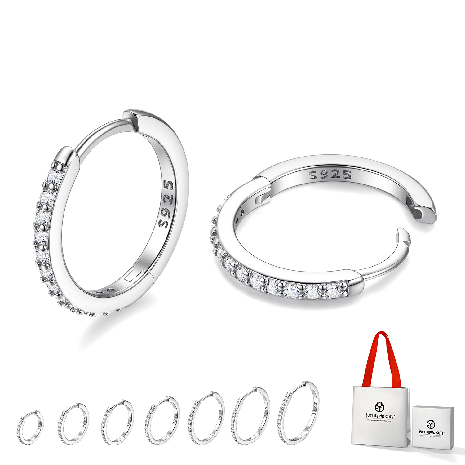 Just Being Cute White Gold Plated Hoop Earrings for Women, Lightweight Small Cubic Zirconia Huggie Hoop Earrings with 925 Sterling Silver Pins & Backs, Valentines Gifts for Her with Box