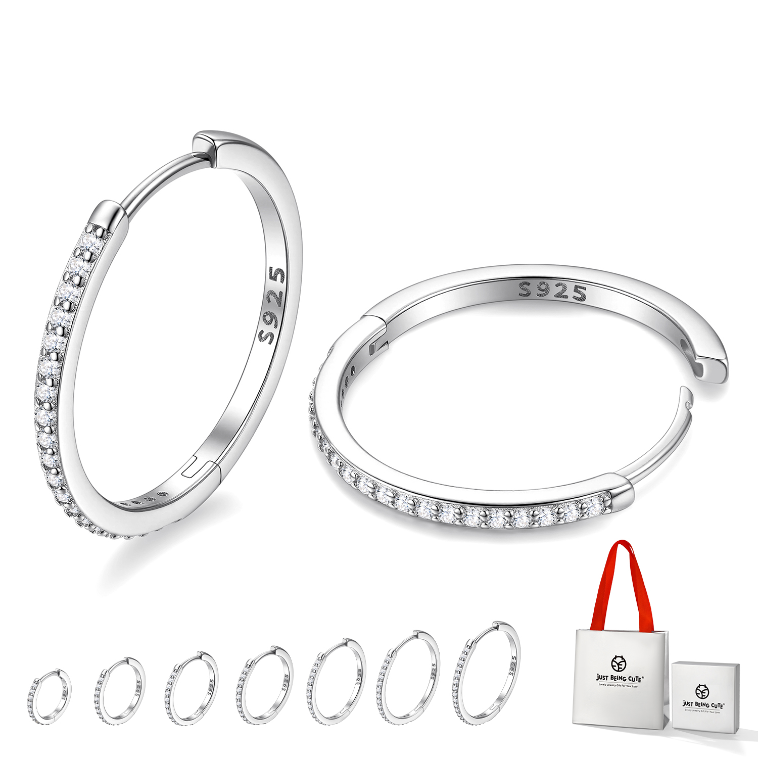 Just Being Cute White Gold Plated Hoop Earrings for Women, Lightweight Small Cubic Zirconia Huggie Hoop Earrings with 925 Sterling Silver Pins & Backs, Valentines Gifts for Her with Box