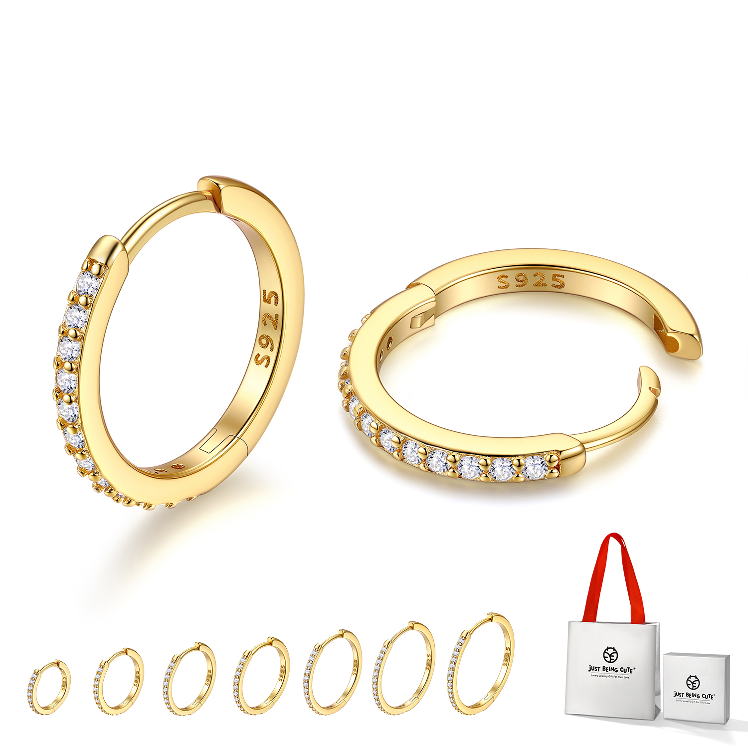 Just Being Cute White Gold Plated Hoop Earrings for Women, Lightweight Small Cubic Zirconia Huggie Hoop Earrings with 925 Sterling Silver Pins & Backs, Valentines Gifts for Her with Box