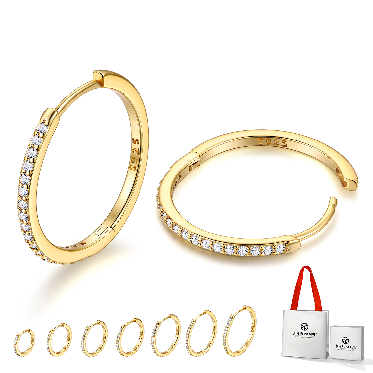 Just Being Cute White Gold Plated Hoop Earrings for Women, Lightweight Small Cubic Zirconia Huggie Hoop Earrings with 925 Sterling Silver Pins & Backs, Valentines Gifts for Her with Box