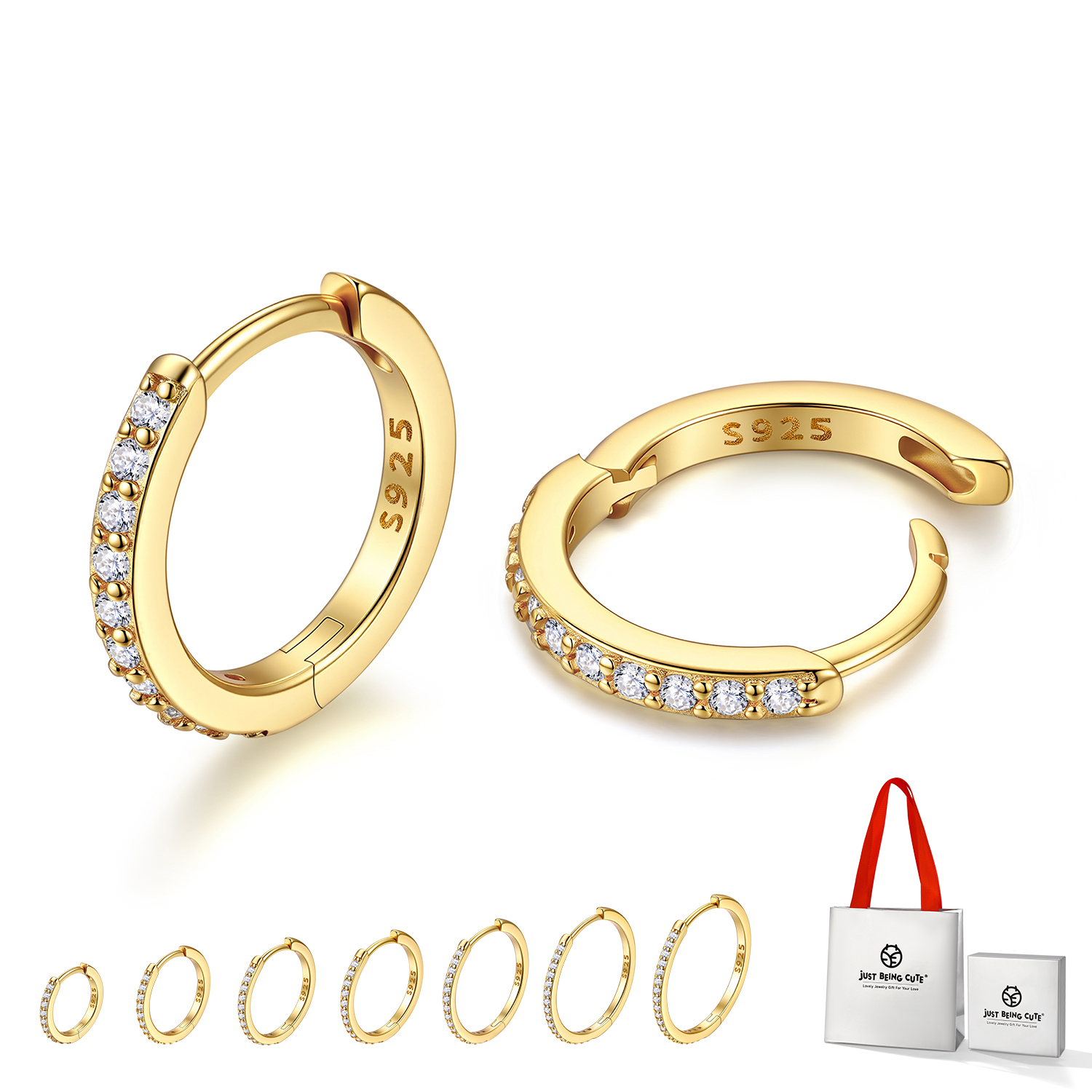 Just Being Cute White Gold Plated Hoop Earrings for Women, Lightweight Small Cubic Zirconia Huggie Hoop Earrings with 925 Sterling Silver Pins & Backs, Valentines Gifts for Her with Box