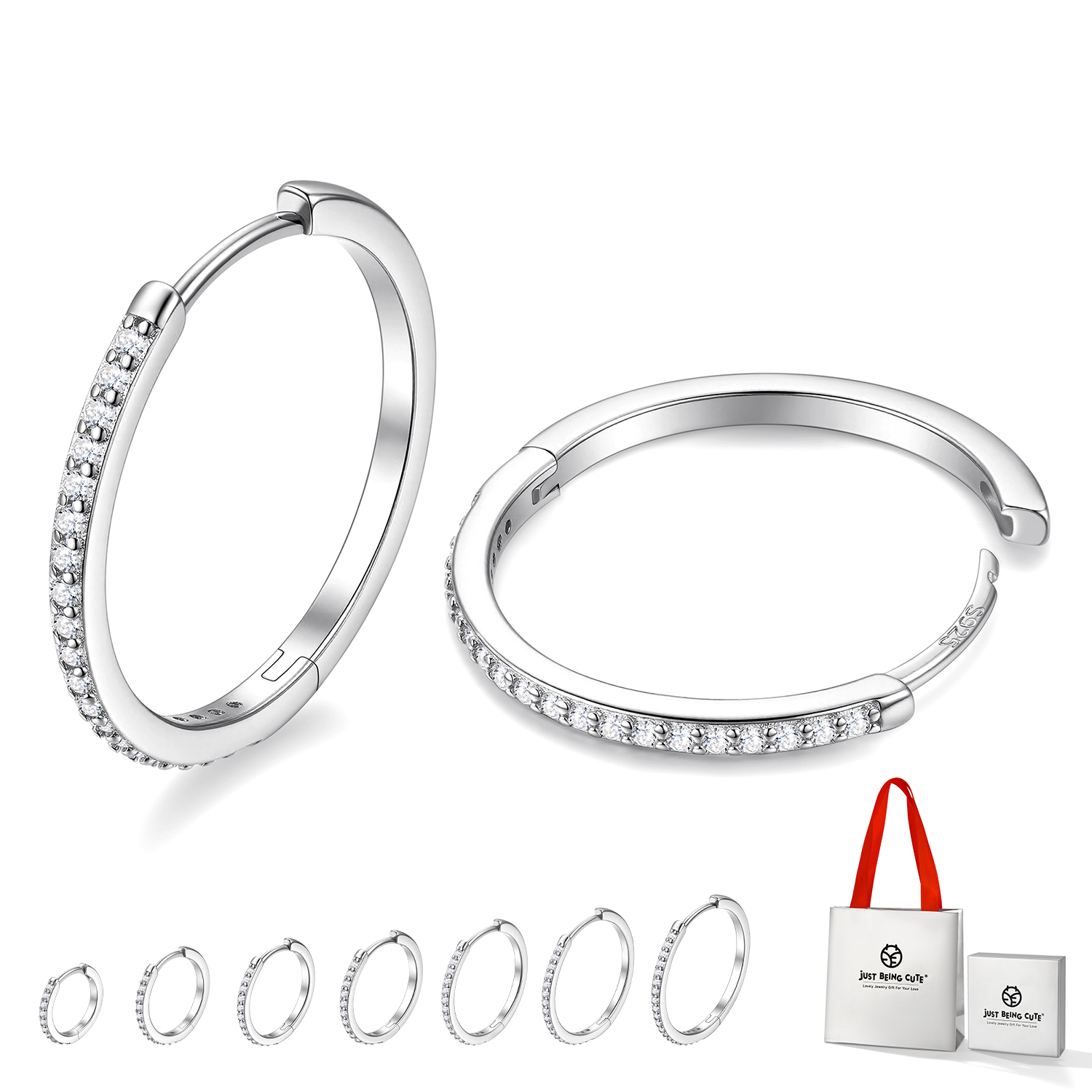 Just Being Cute White Gold Plated Hoop Earrings for Women, Lightweight Small Cubic Zirconia Huggie Hoop Earrings with 925 Sterling Silver Pins & Backs, Valentines Gifts for Her with Box