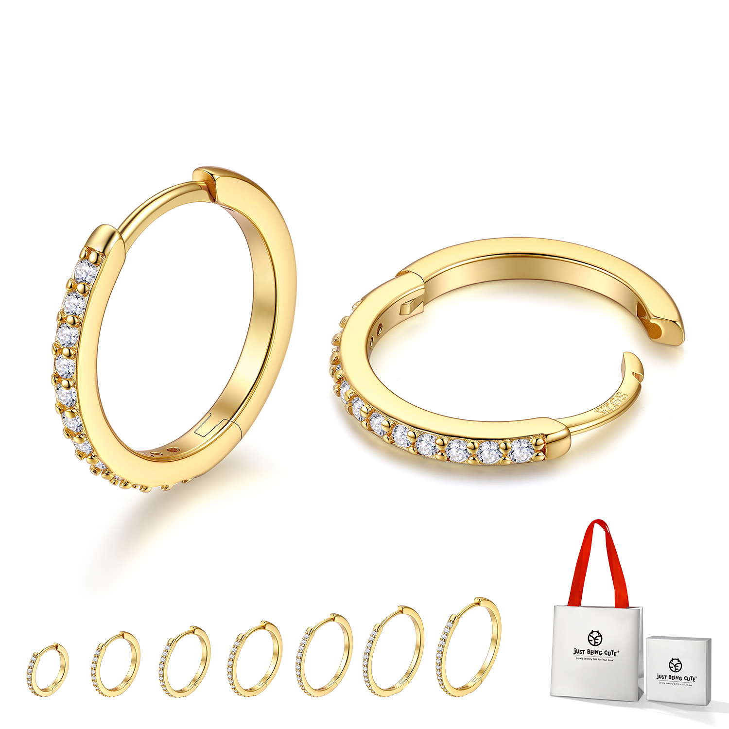 Just Being Cute White Gold Plated Hoop Earrings for Women, Lightweight Small Cubic Zirconia Huggie Hoop Earrings with 925 Sterling Silver Pins & Backs, Valentines Gifts for Her with Box