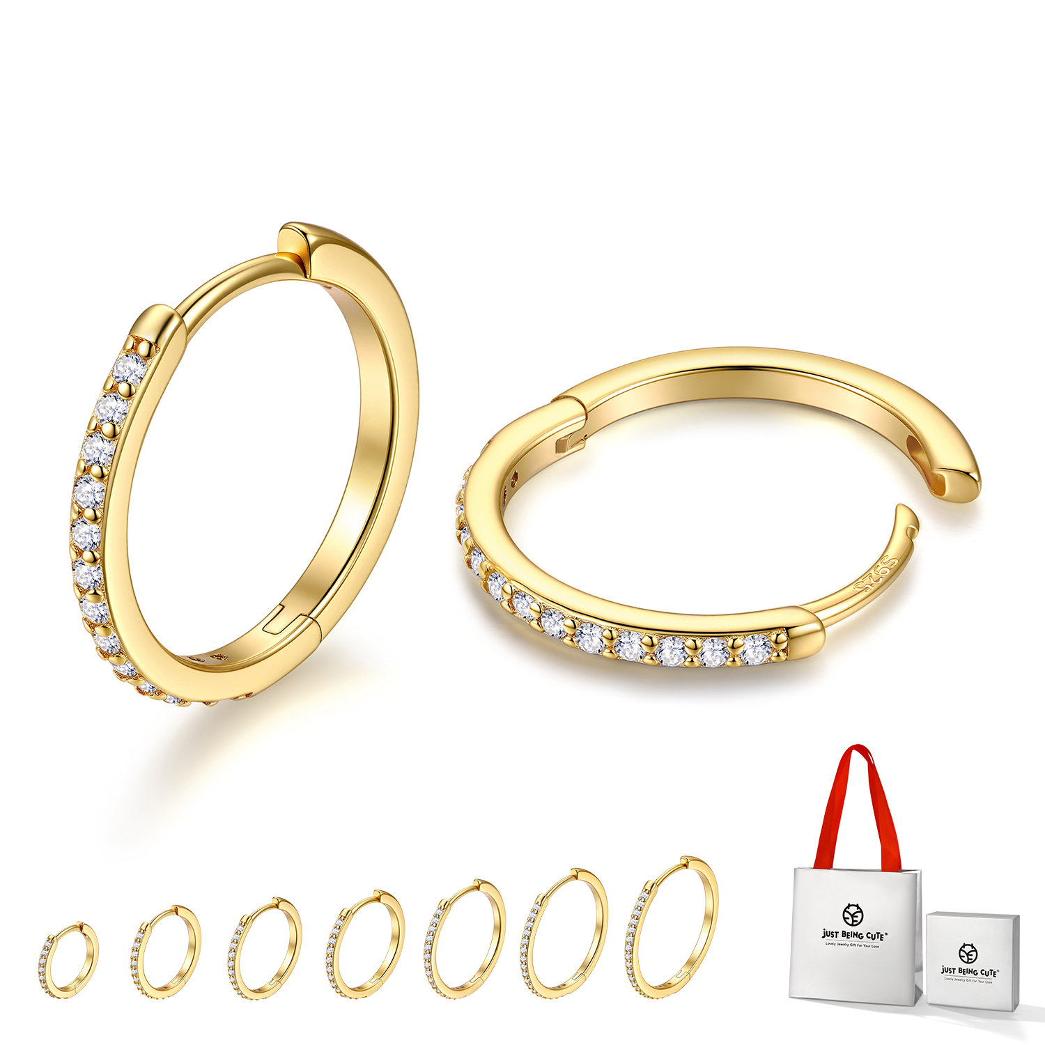 Just Being Cute White Gold Plated Hoop Earrings for Women, Lightweight Small Cubic Zirconia Huggie Hoop Earrings with 925 Sterling Silver Pins & Backs, Valentines Gifts for Her with Box