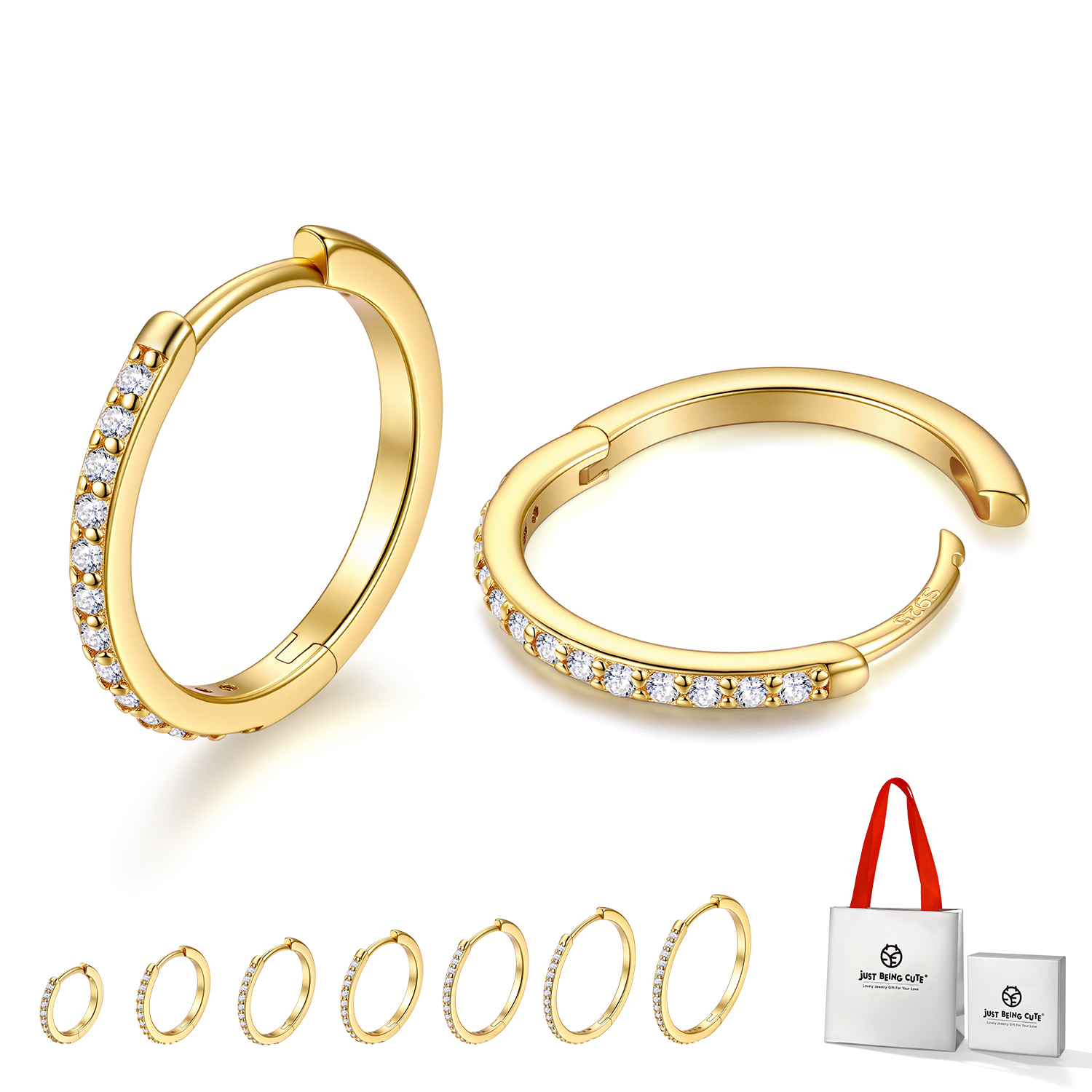 Just Being Cute White Gold Plated Hoop Earrings for Women, Lightweight Small Cubic Zirconia Huggie Hoop Earrings with 925 Sterling Silver Pins & Backs, Valentines Gifts for Her with Box
