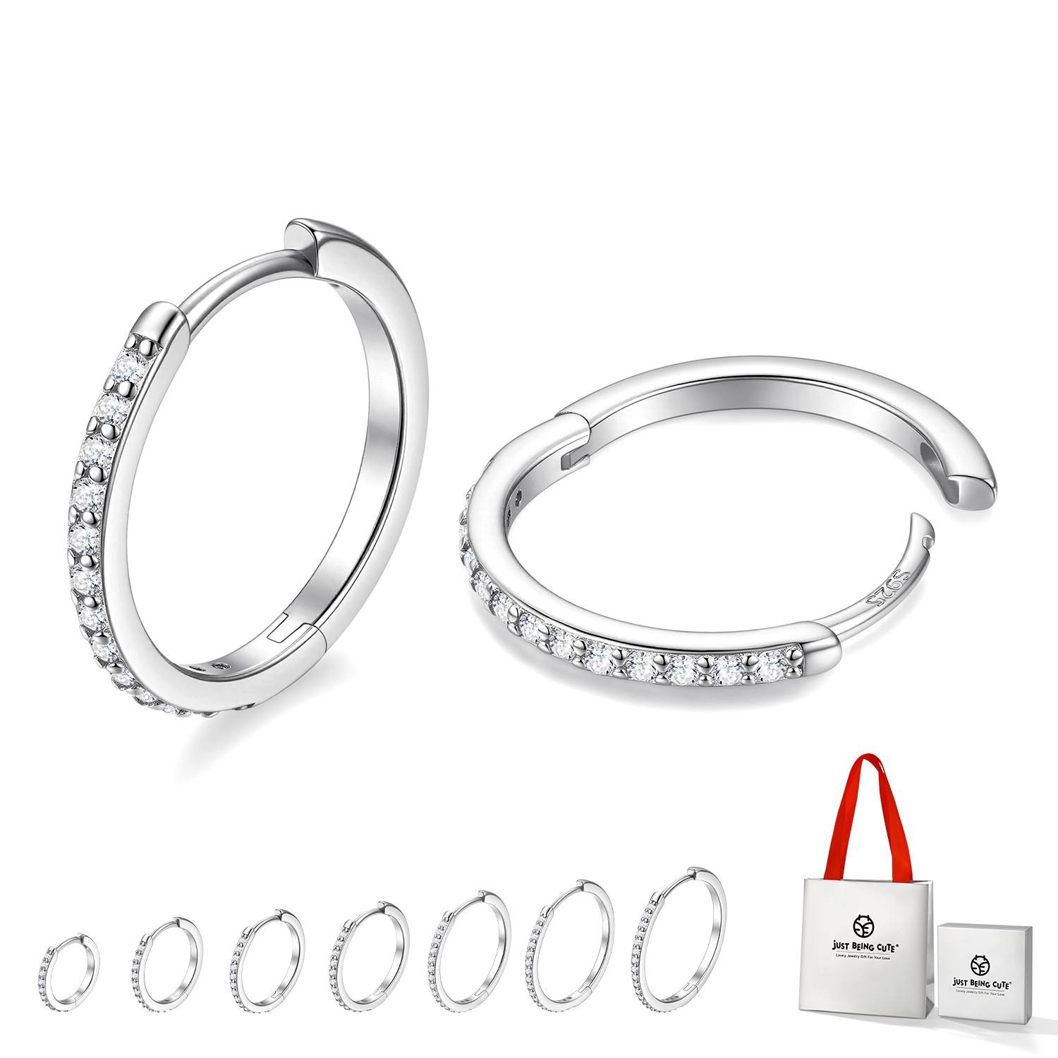 Just Being Cute White Gold Plated Hoop Earrings for Women, Lightweight Small Cubic Zirconia Huggie Hoop Earrings with 925 Sterling Silver Pins & Backs, Valentines Gifts for Her with Box