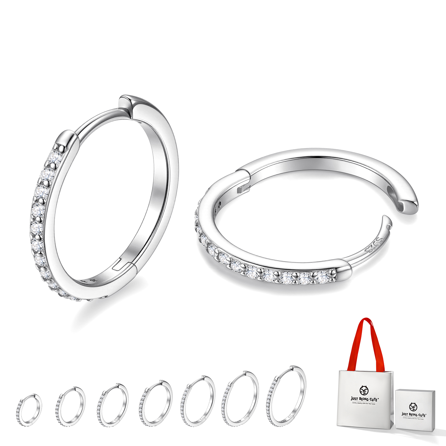 Just Being Cute White Gold Plated Hoop Earrings for Women, Lightweight Small Cubic Zirconia Huggie Hoop Earrings with 925 Sterling Silver Pins & Backs, Valentines Gifts for Her with Box