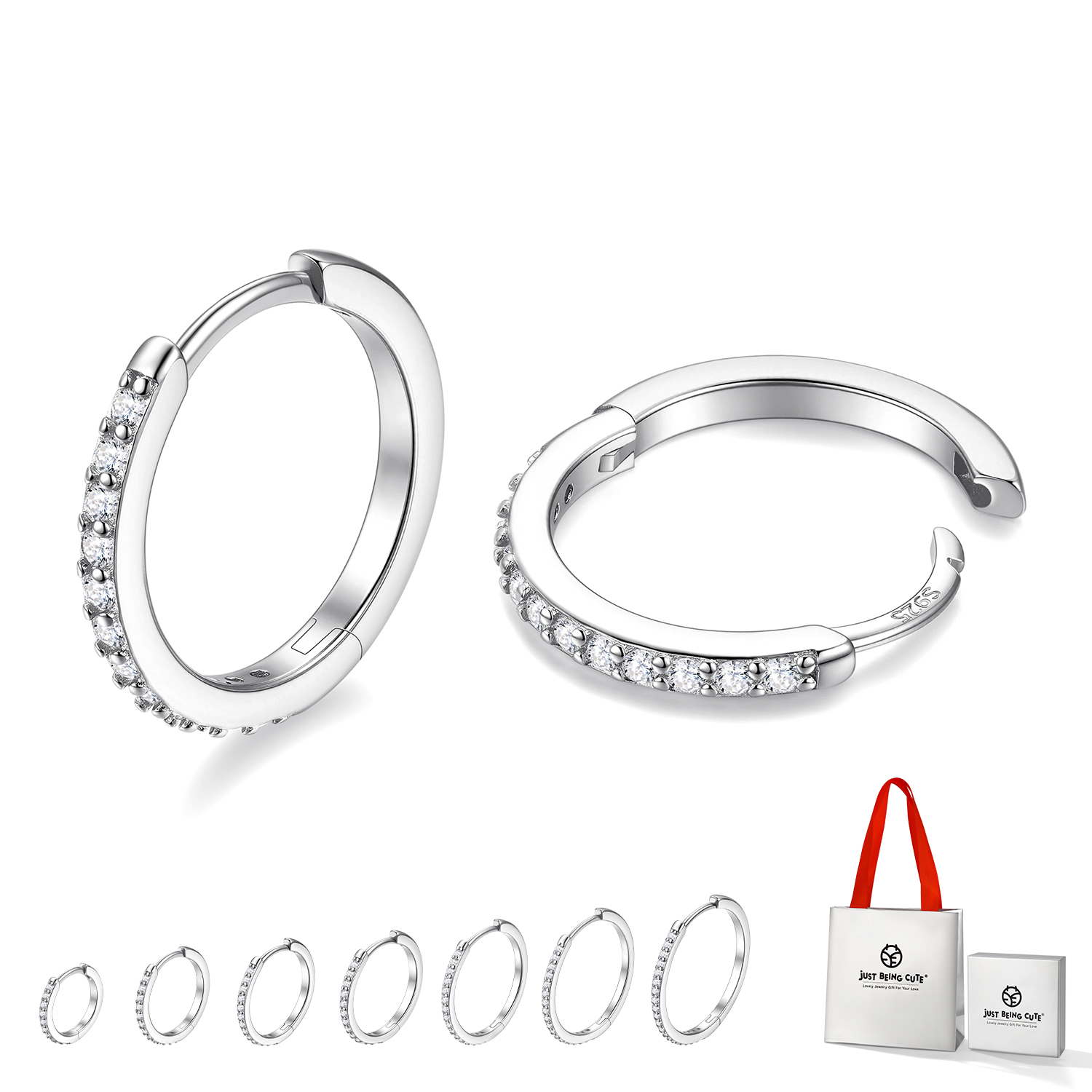Just Being Cute White Gold Plated Hoop Earrings for Women, Lightweight Small Cubic Zirconia Huggie Hoop Earrings with 925 Sterling Silver Pins & Backs, Valentines Gifts for Her with Box
