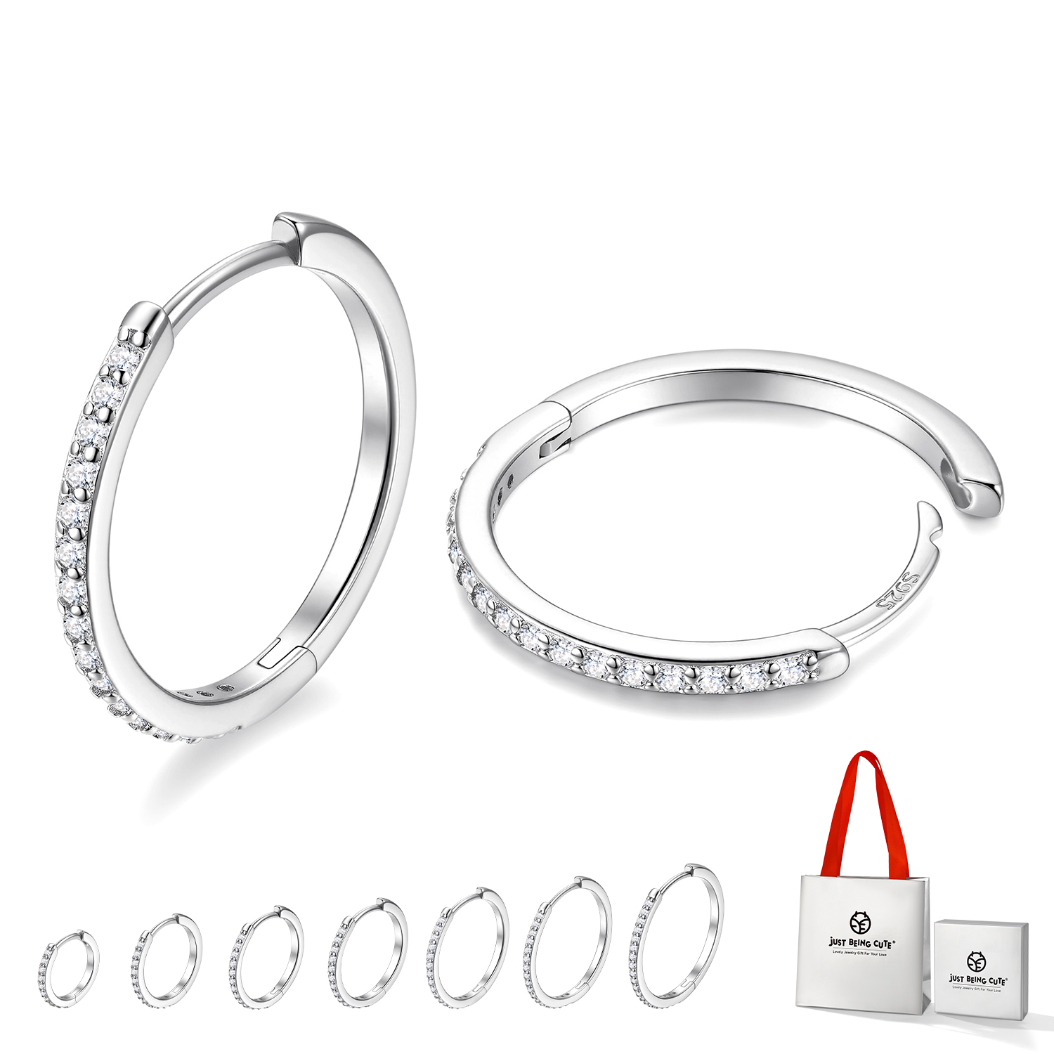 Just Being Cute White Gold Plated Hoop Earrings for Women, Lightweight Small Cubic Zirconia Huggie Hoop Earrings with 925 Sterling Silver Pins & Backs, Valentines Gifts for Her with Box