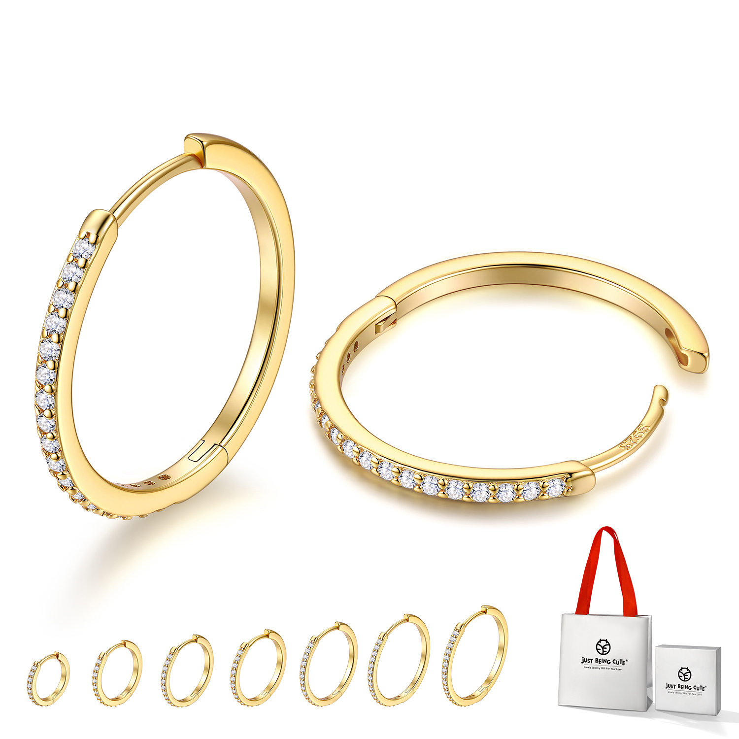 Just Being Cute White Gold Plated Hoop Earrings for Women, Lightweight Small Cubic Zirconia Huggie Hoop Earrings with 925 Sterling Silver Pins & Backs, Valentines Gifts for Her with Box