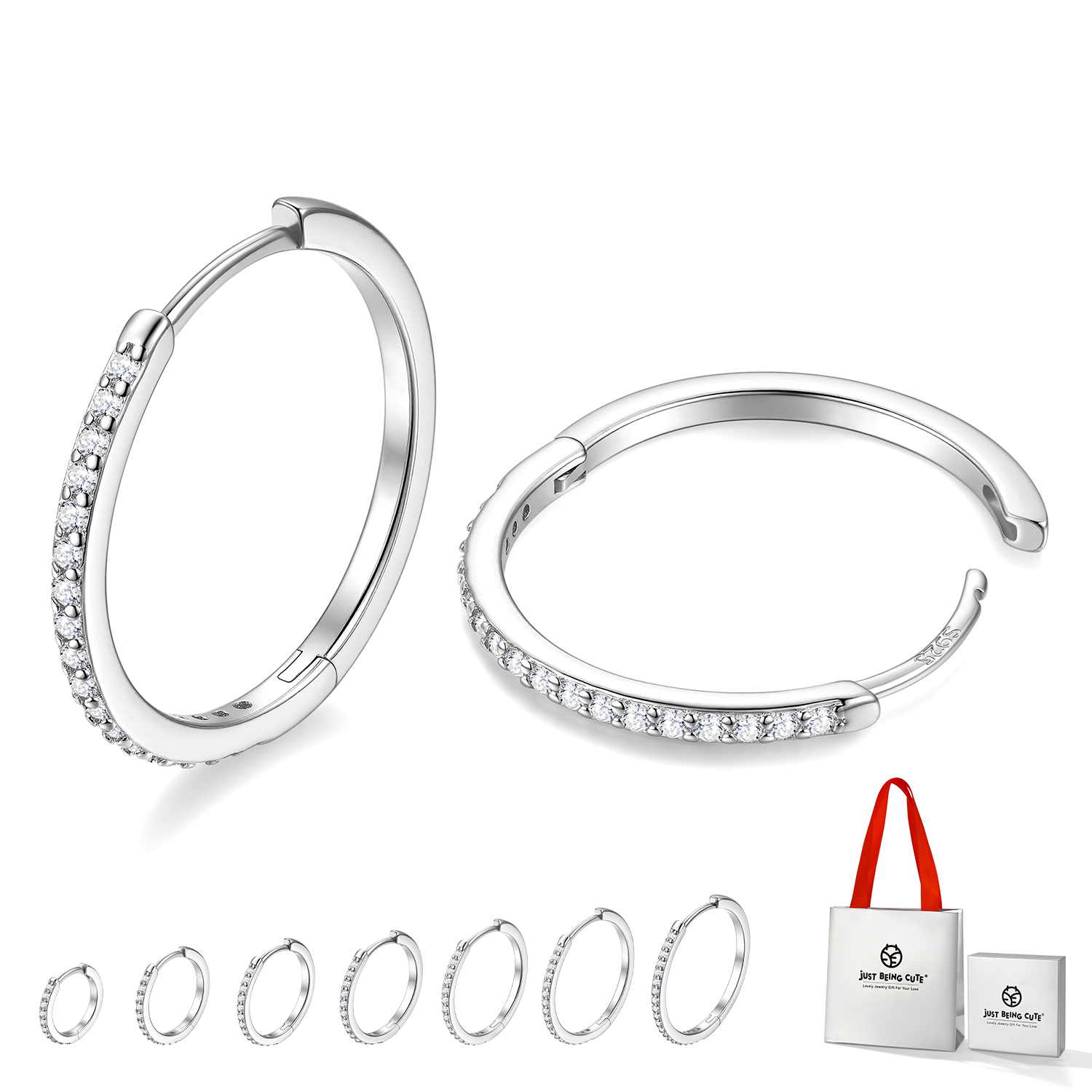 Just Being Cute White Gold Plated Hoop Earrings for Women, Lightweight Small Cubic Zirconia Huggie Hoop Earrings with 925 Sterling Silver Pins & Backs, Valentines Gifts for Her with Box