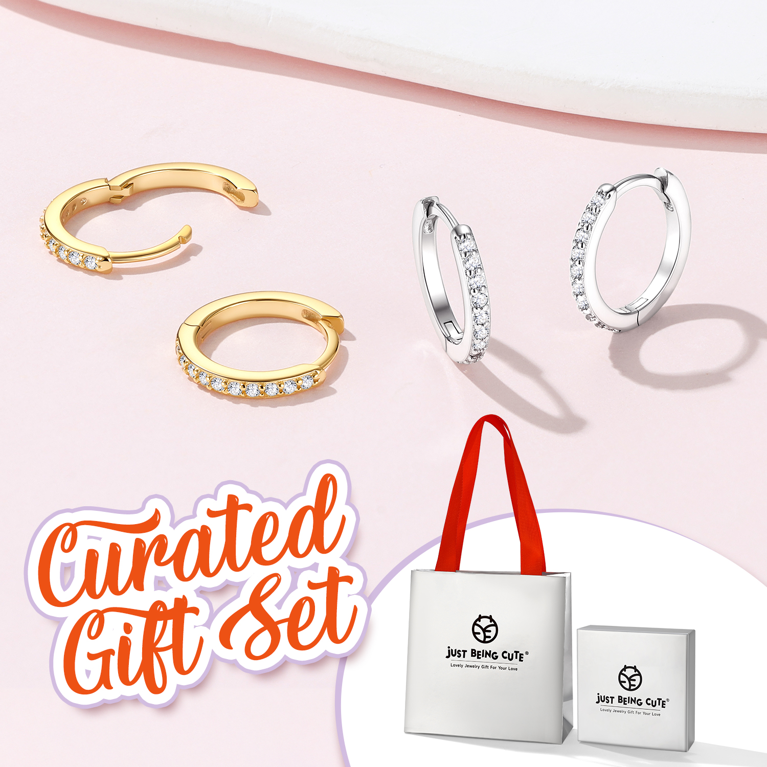 Just Being Cute White Gold Plated Hoop Earrings for Women, Lightweight Small Cubic Zirconia Huggie Hoop Earrings with 925 Sterling Silver Pins & Backs, Valentines Gifts for Her with Box
