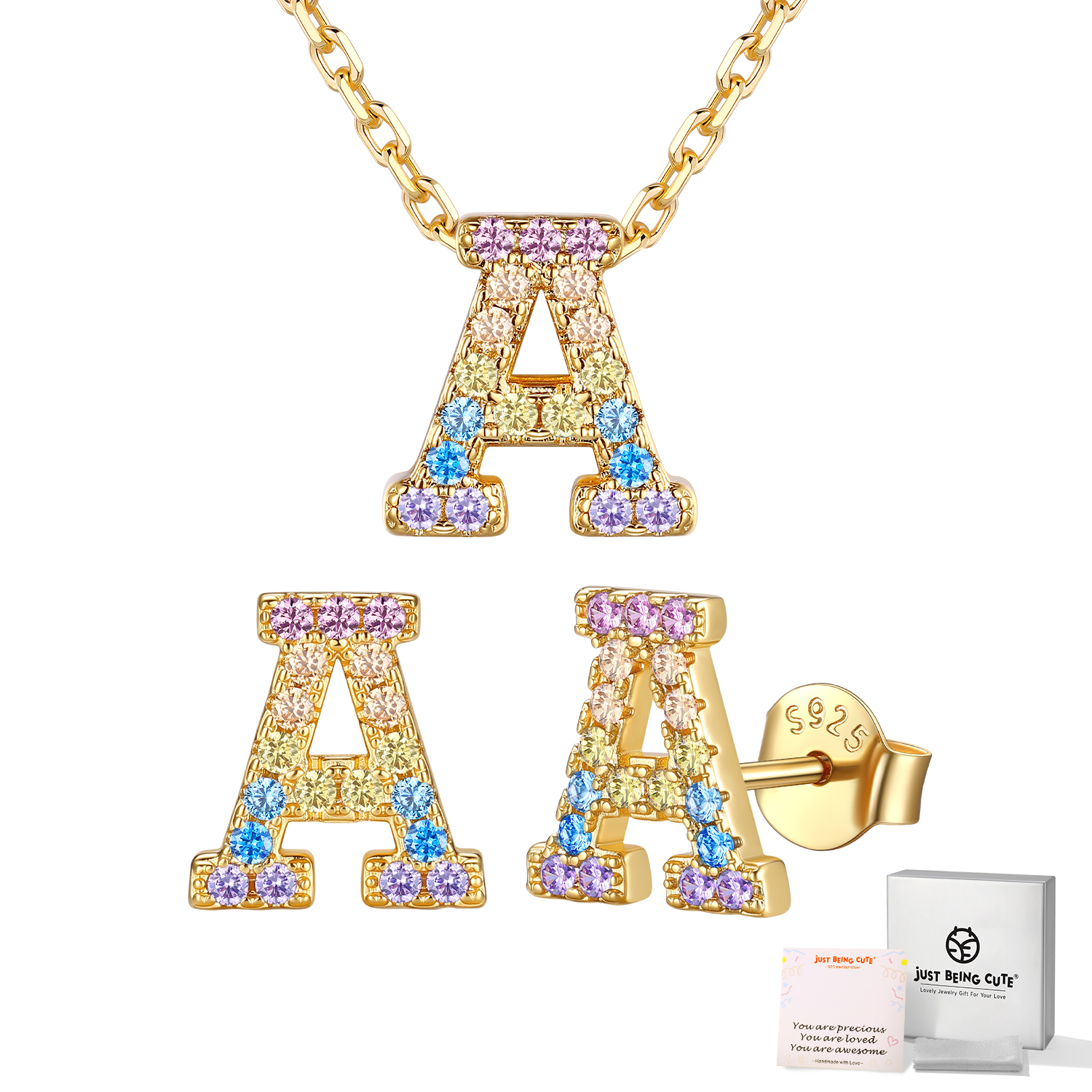 Just Being Cute Women Initial Jewelry Set, 14K Gold Plated Necklace Earrings with Colorful Cubic Zirconia, Personalized Name Birthday Valentines Day Gifts Her Girlfriend Wife Lady Adults Age Ideas