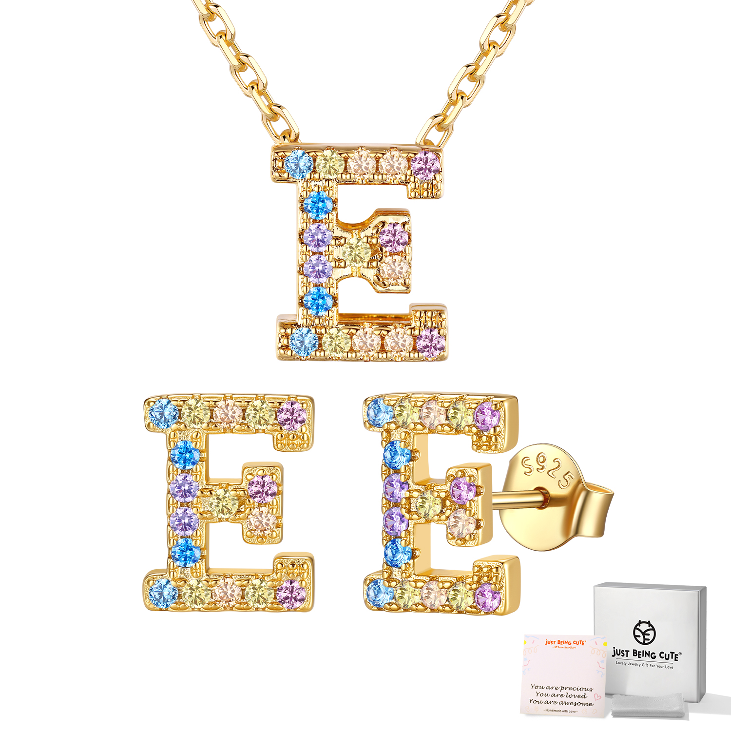 Just Being Cute Women Initial Jewelry Set, 14K Gold Plated Necklace Earrings with Colorful Cubic Zirconia, Personalized Name Birthday Valentines Day Gifts Her Girlfriend Wife Lady Adults Age Ideas