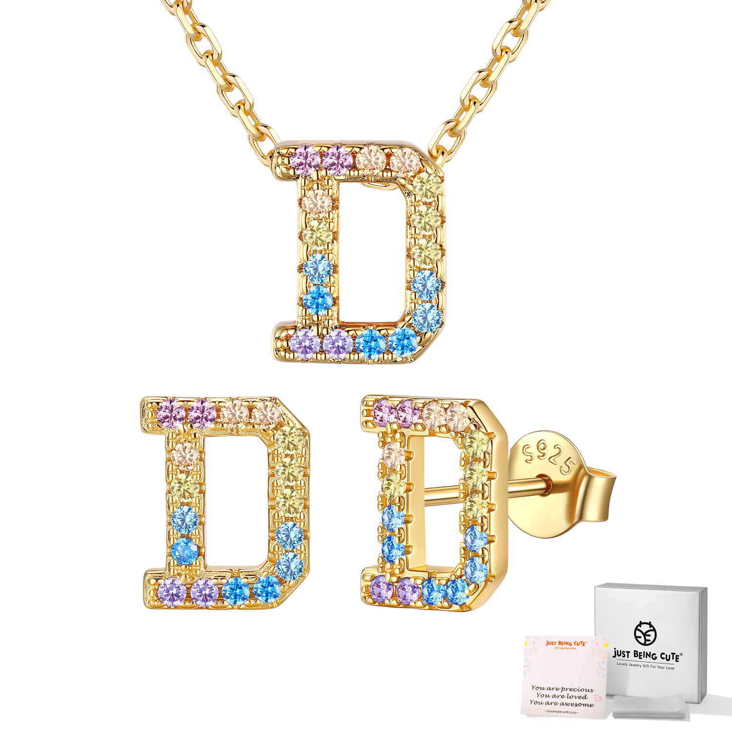 Just Being Cute Women Initial Jewelry Set, 14K Gold Plated Necklace Earrings with Colorful Cubic Zirconia, Personalized Name Birthday Valentines Day Gifts Her Girlfriend Wife Lady Adults Age Ideas