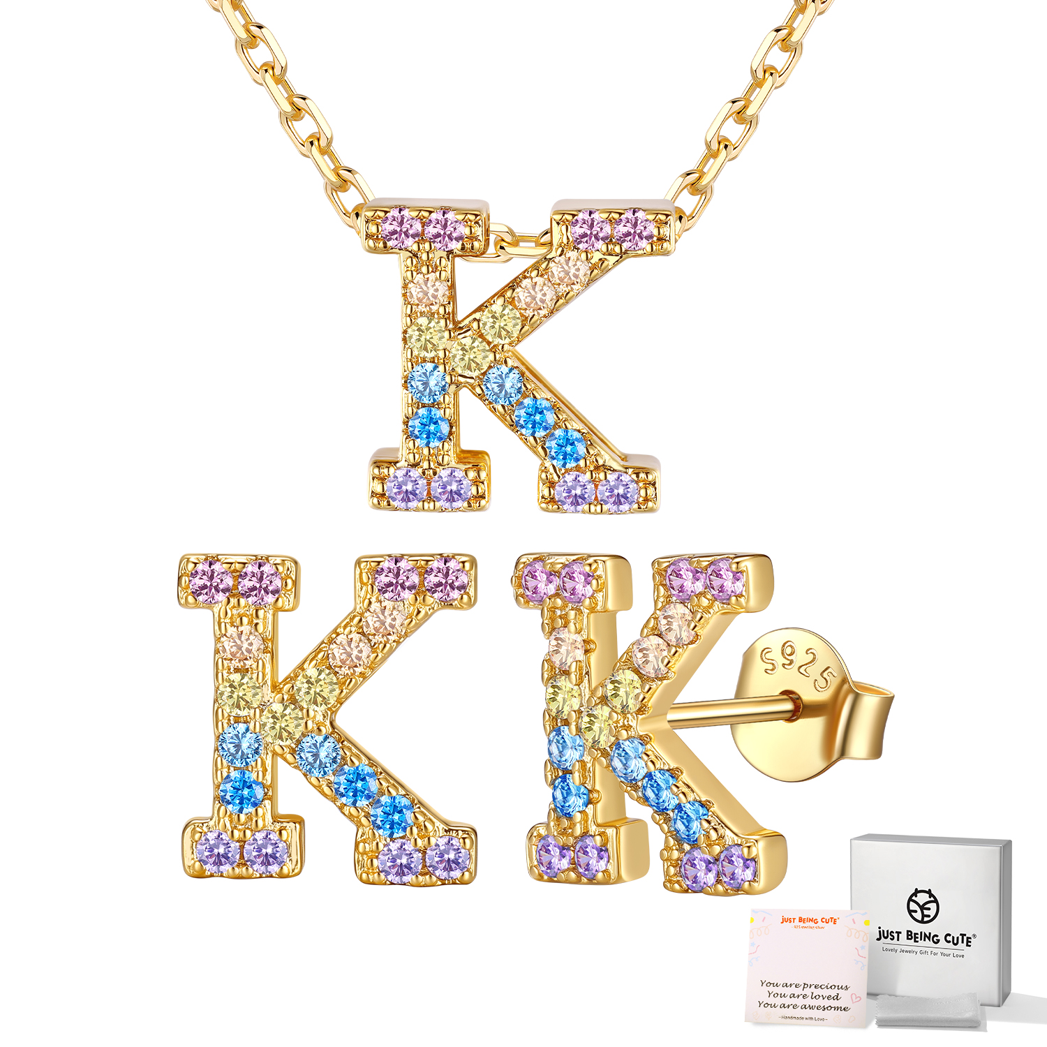 Just Being Cute Women Initial Jewelry Set, 14K Gold Plated Necklace Earrings with Colorful Cubic Zirconia, Personalized Name Birthday Valentines Day Gifts Her Girlfriend Wife Lady Adults Age Ideas