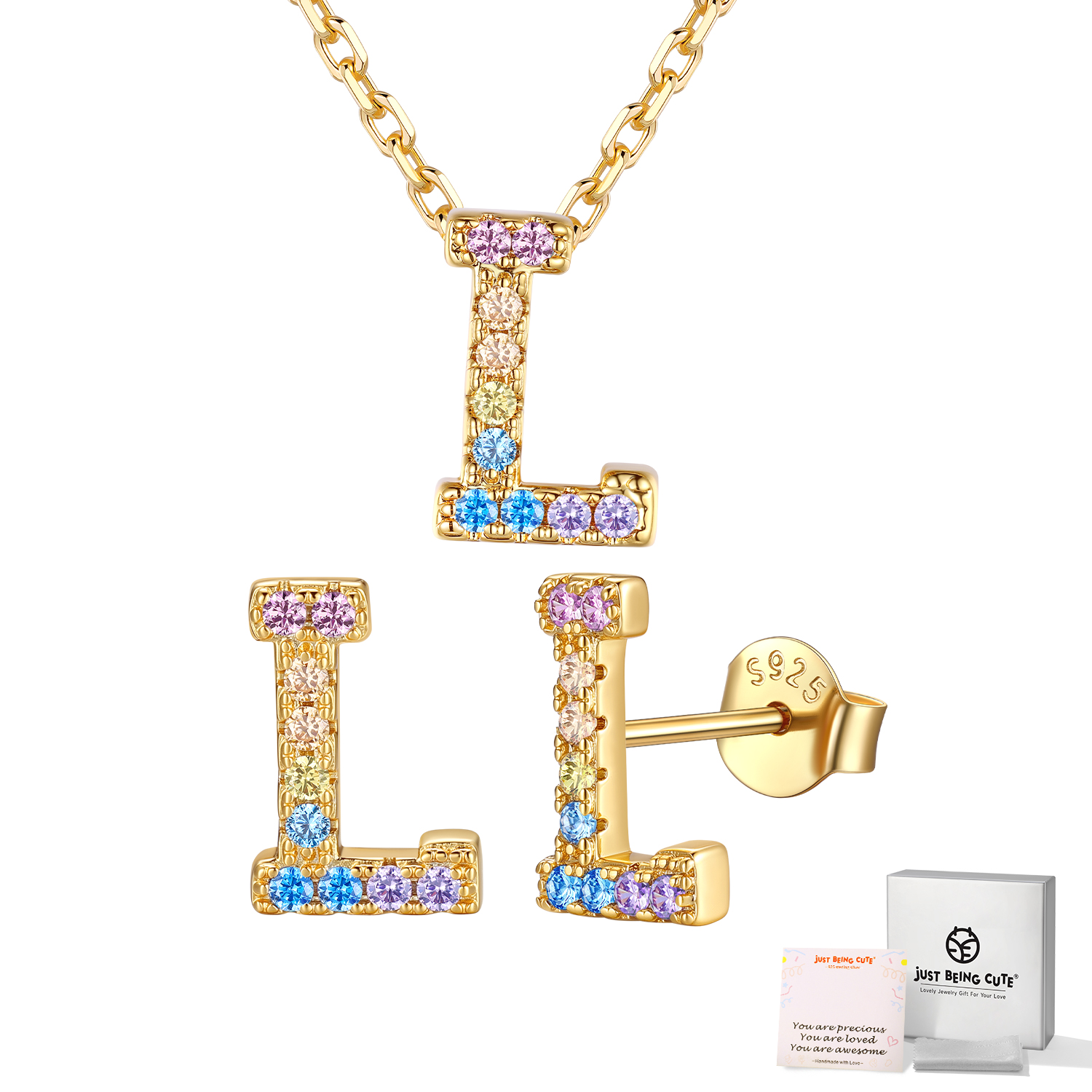 Just Being Cute Women Initial Jewelry Set, 14K Gold Plated Necklace Earrings with Colorful Cubic Zirconia, Personalized Name Birthday Valentines Day Gifts Her Girlfriend Wife Lady Adults Age Ideas