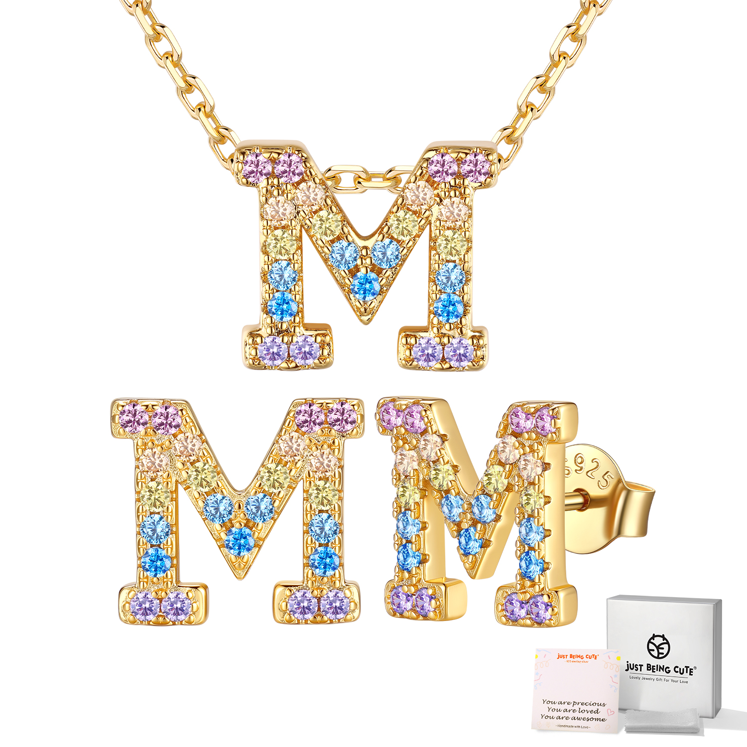 Just Being Cute Women Initial Jewelry Set, 14K Gold Plated Necklace Earrings with Colorful Cubic Zirconia, Personalized Name Birthday Valentines Day Gifts Her Girlfriend Wife Lady Adults Age Ideas