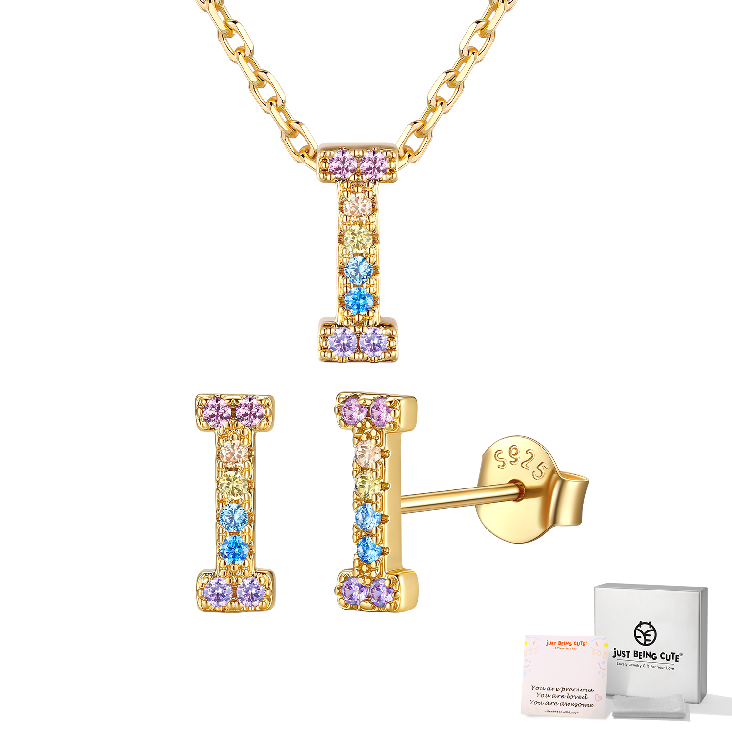 Just Being Cute Women Initial Jewelry Set, 14K Gold Plated Necklace Earrings with Colorful Cubic Zirconia, Personalized Name Birthday Valentines Day Gifts Her Girlfriend Wife Lady Adults Age Ideas
