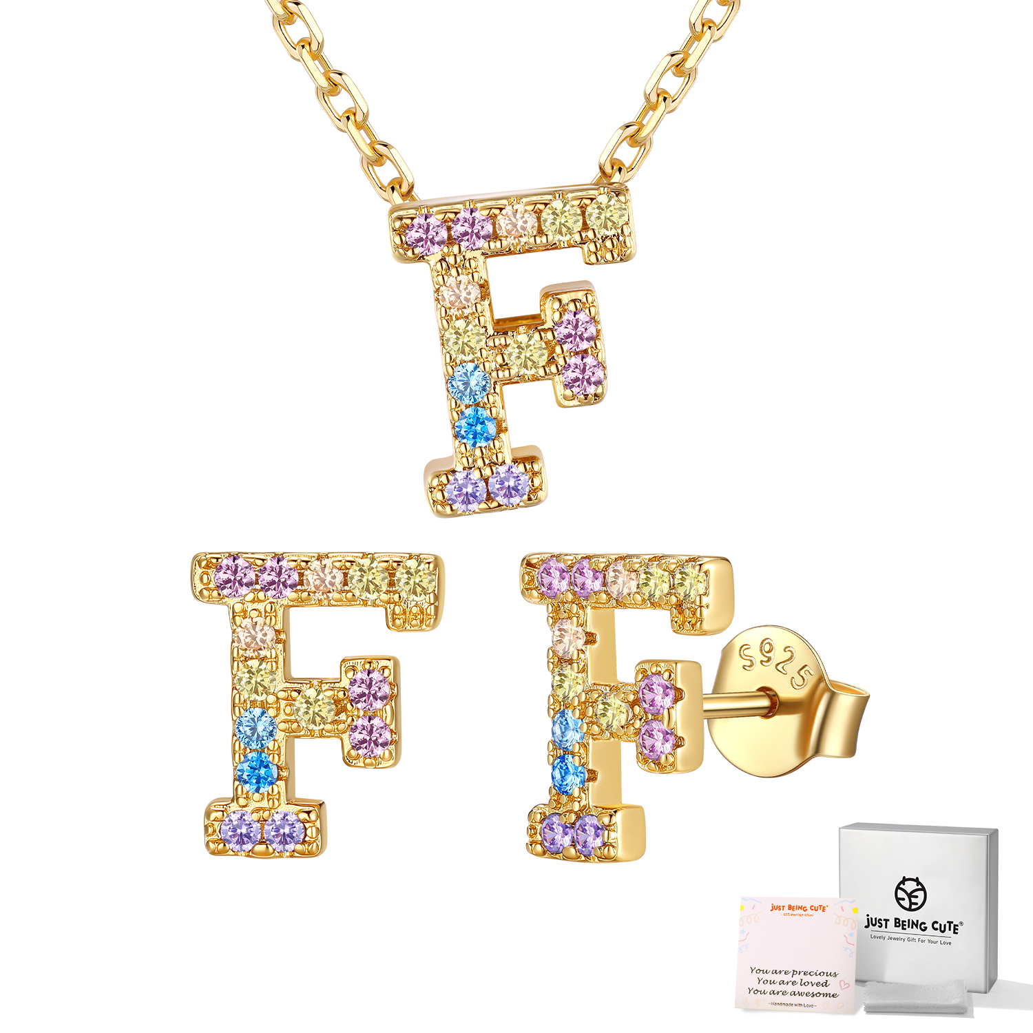 Just Being Cute Women Initial Jewelry Set, 14K Gold Plated Necklace Earrings with Colorful Cubic Zirconia, Personalized Name Birthday Valentines Day Gifts Her Girlfriend Wife Lady Adults Age Ideas