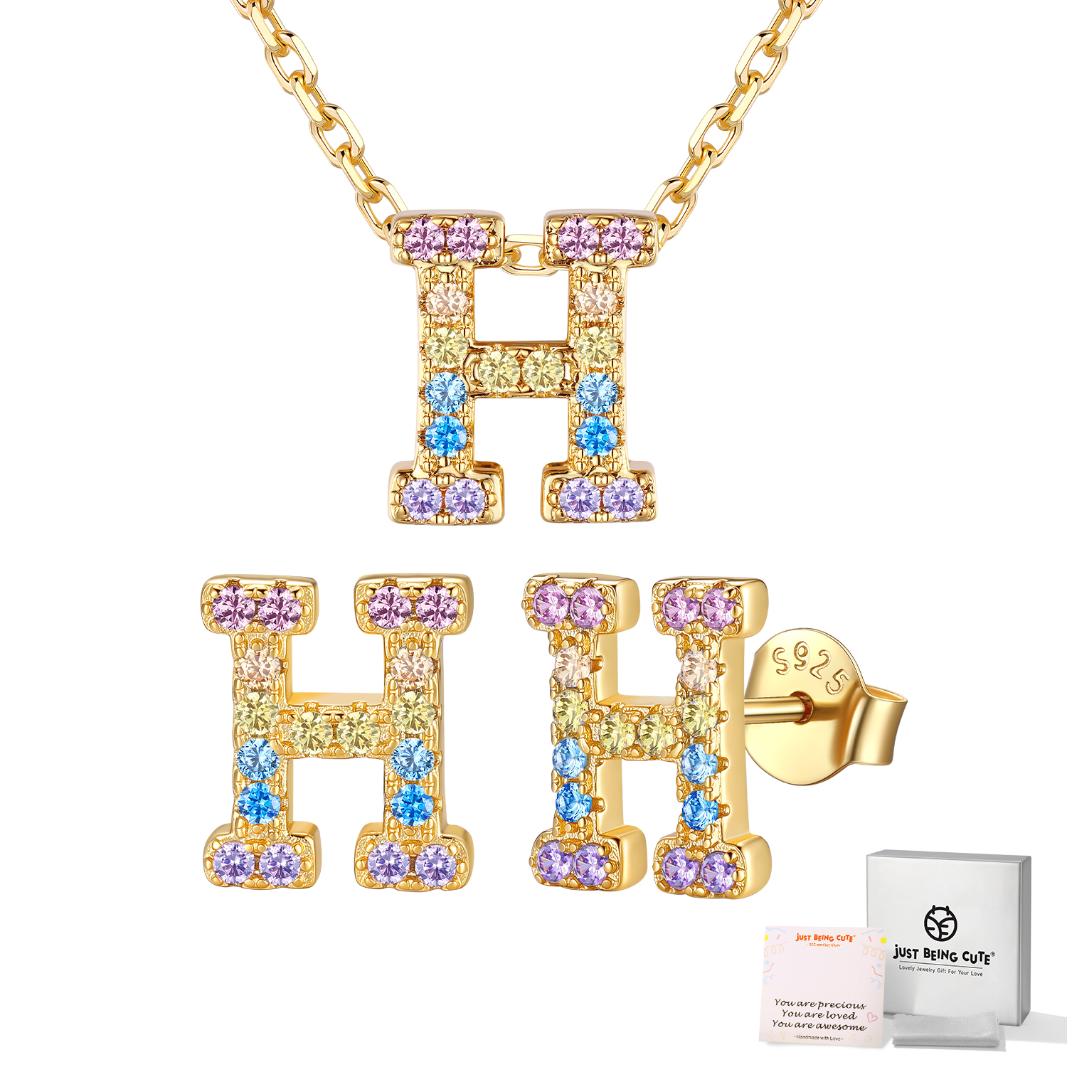 Just Being Cute Women Initial Jewelry Set, 14K Gold Plated Necklace Earrings with Colorful Cubic Zirconia, Personalized Name Birthday Valentines Day Gifts Her Girlfriend Wife Lady Adults Age Ideas