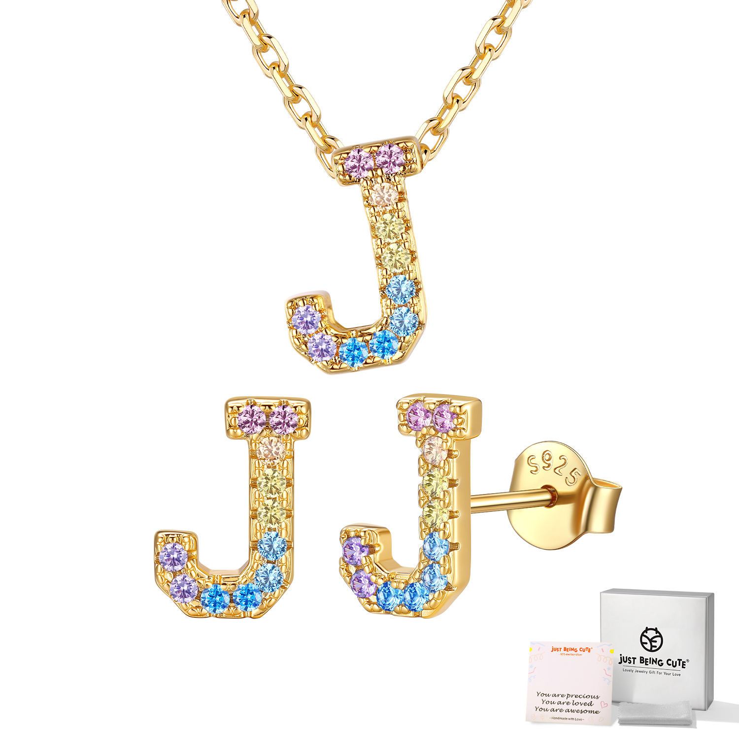 Just Being Cute Women Initial Jewelry Set, 14K Gold Plated Necklace Earrings with Colorful Cubic Zirconia, Personalized Name Birthday Valentines Day Gifts Her Girlfriend Wife Lady Adults Age Ideas