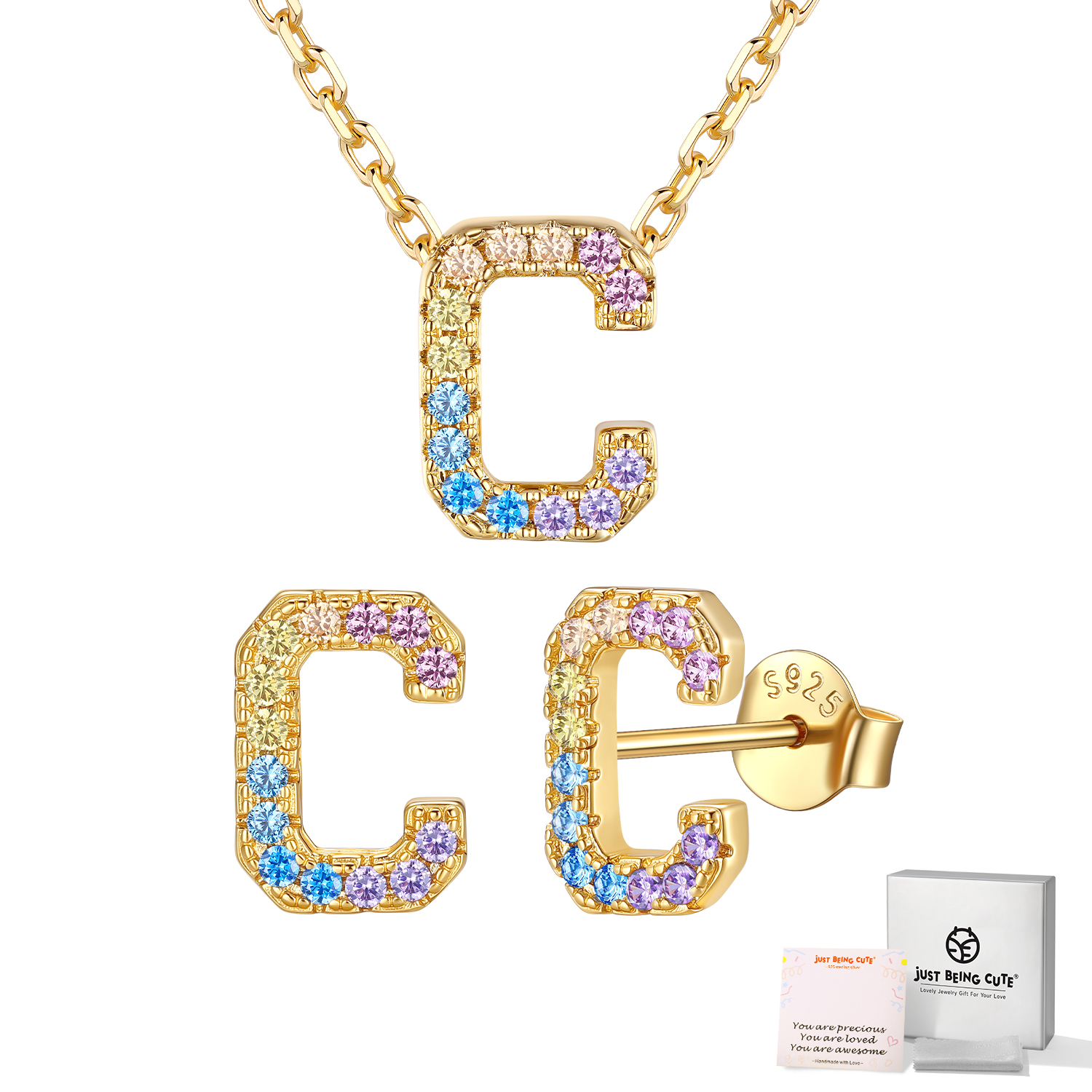 Just Being Cute Women Initial Jewelry Set, 14K Gold Plated Necklace Earrings with Colorful Cubic Zirconia, Personalized Name Birthday Valentines Day Gifts Her Girlfriend Wife Lady Adults Age Ideas