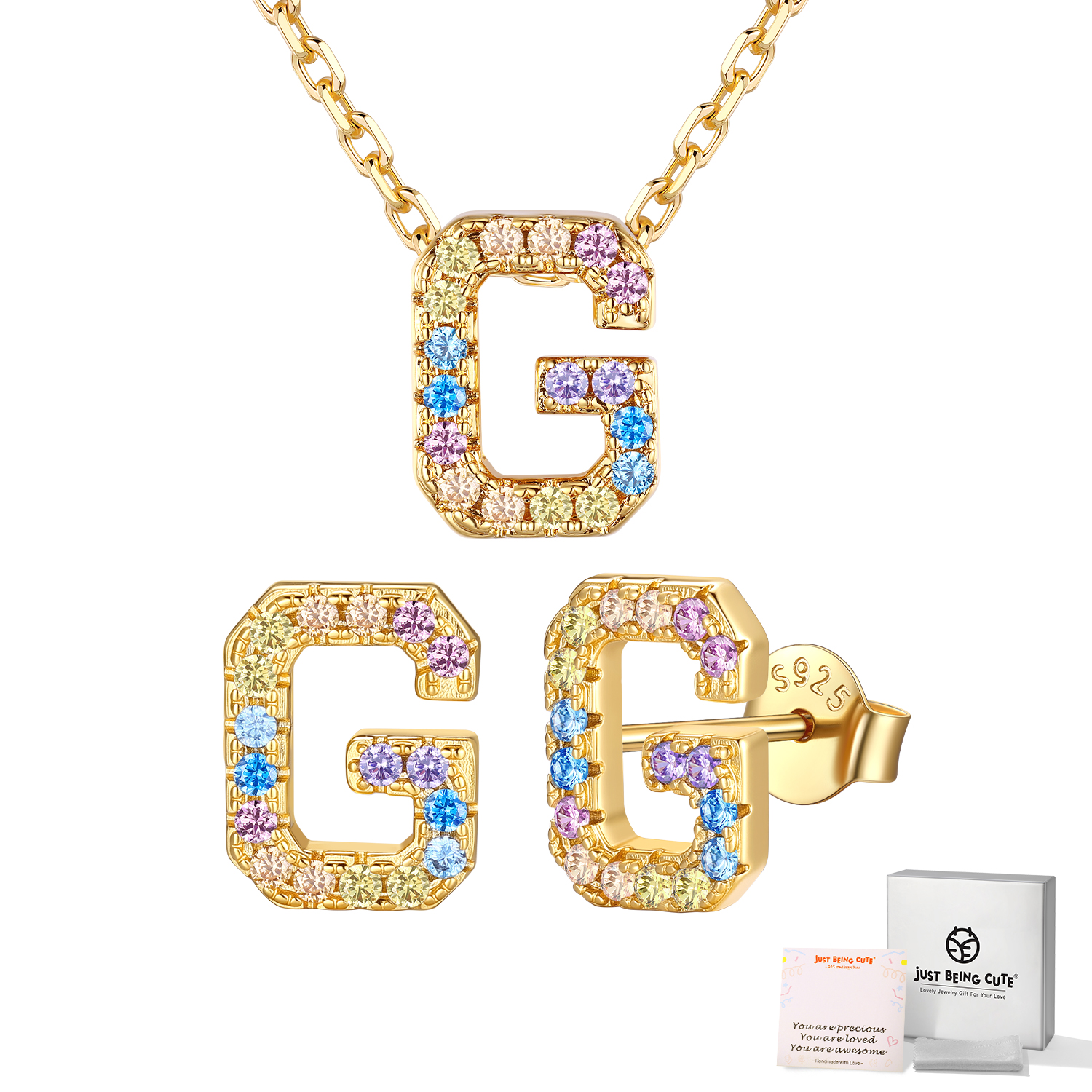 Just Being Cute Women Initial Jewelry Set, 14K Gold Plated Necklace Earrings with Colorful Cubic Zirconia, Personalized Name Birthday Valentines Day Gifts Her Girlfriend Wife Lady Adults Age Ideas