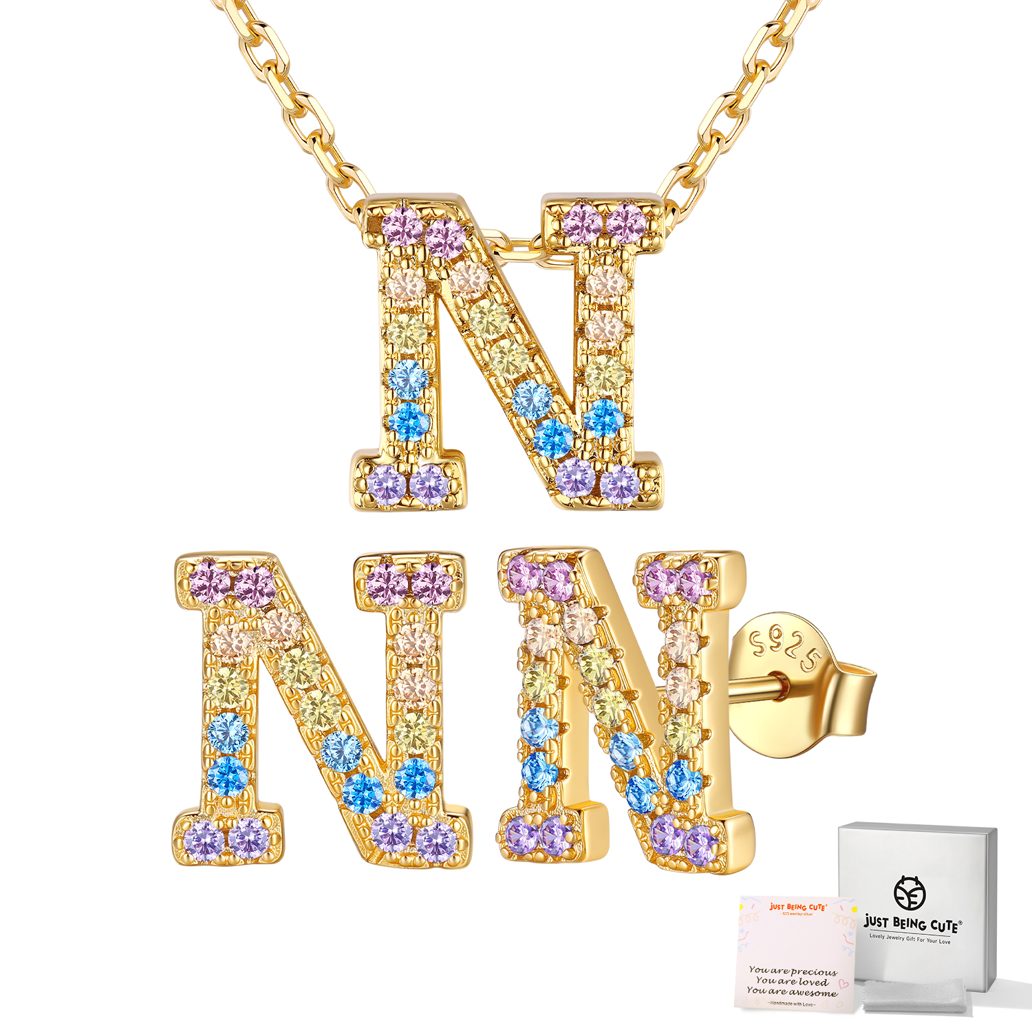 Just Being Cute Women Initial Jewelry Set, 14K Gold Plated Necklace Earrings with Colorful Cubic Zirconia, Personalized Name Birthday Valentines Day Gifts Her Girlfriend Wife Lady Adults Age Ideas