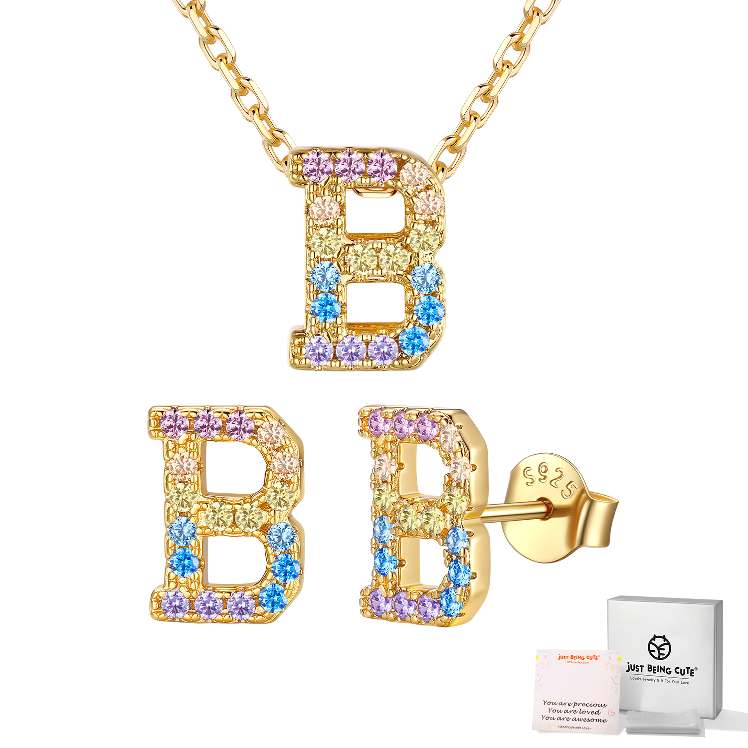 Just Being Cute Women Initial Jewelry Set, 14K Gold Plated Necklace Earrings with Colorful Cubic Zirconia, Personalized Name Birthday Valentines Day Gifts Her Girlfriend Wife Lady Adults Age Ideas