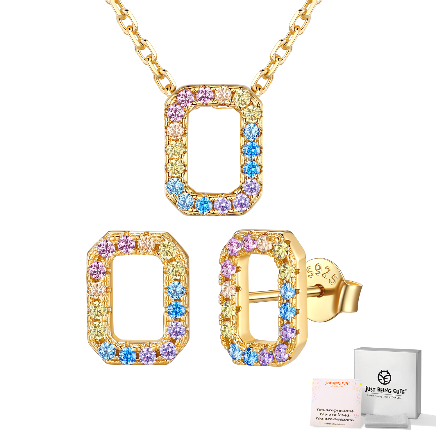 Just Being Cute Women Initial Jewelry Set, 14K Gold Plated Necklace Earrings with Colorful Cubic Zirconia, Personalized Name Birthday Valentines Day Gifts Her Girlfriend Wife Lady Adults Age Ideas