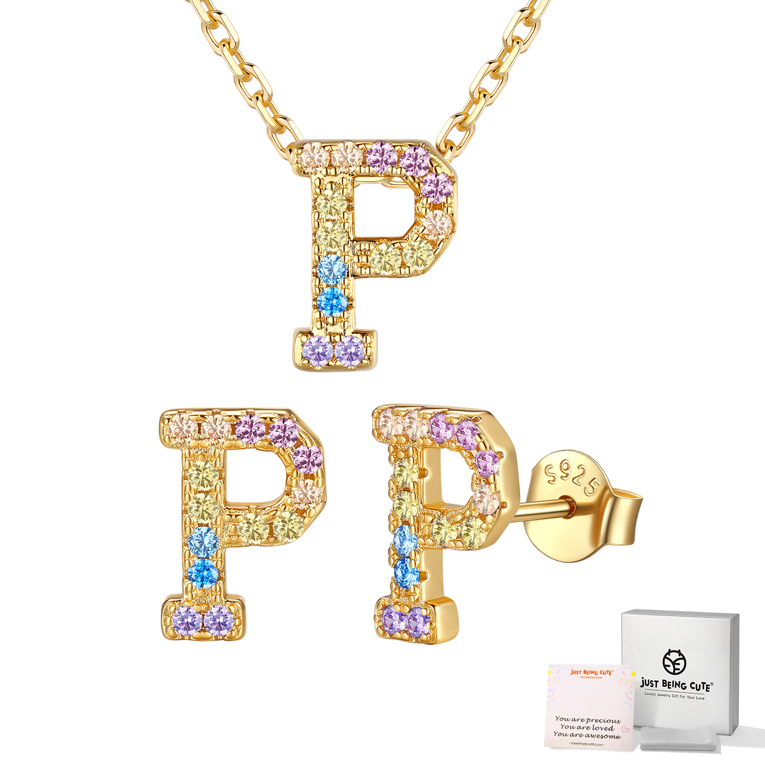 Just Being Cute Women Initial Jewelry Set, 14K Gold Plated Necklace Earrings with Colorful Cubic Zirconia, Personalized Name Birthday Valentines Day Gifts Her Girlfriend Wife Lady Adults Age Ideas