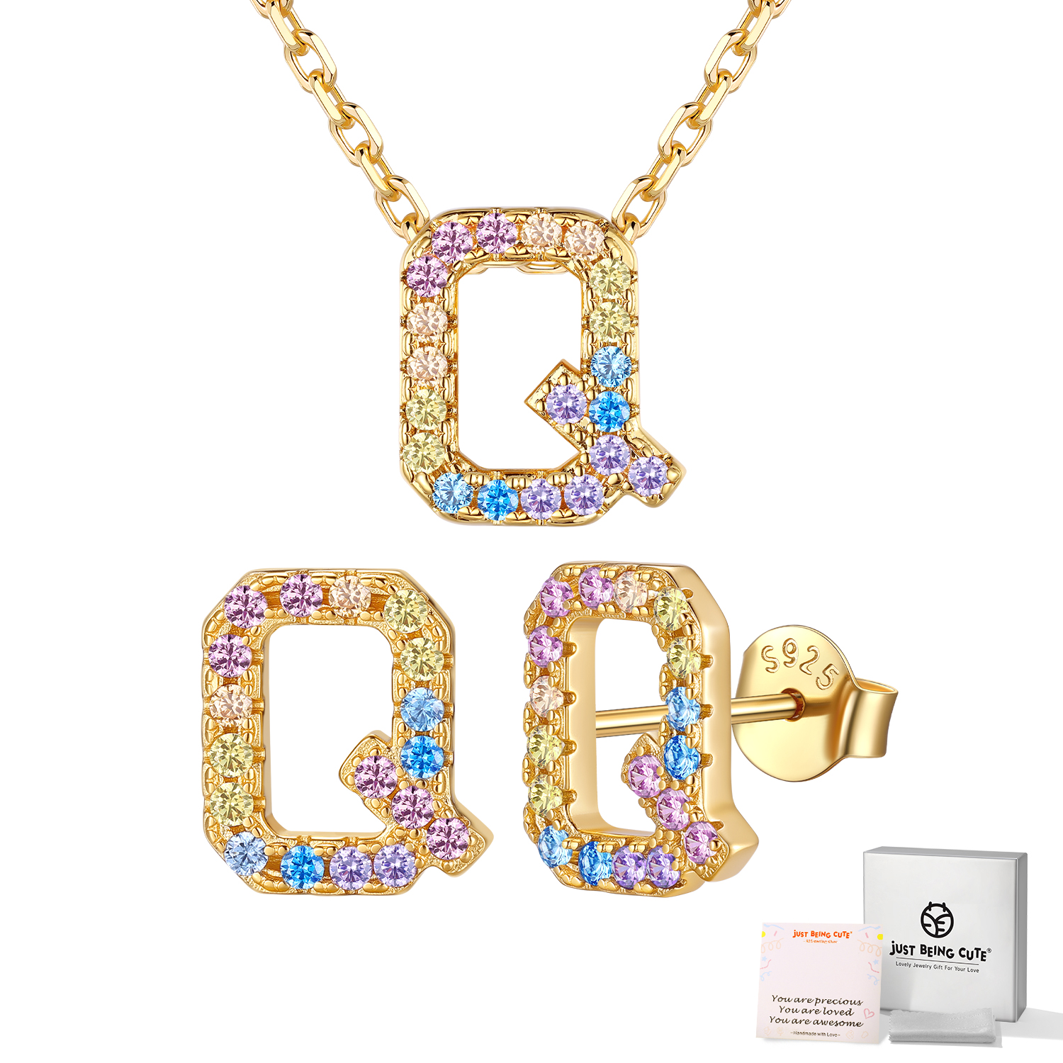 Just Being Cute Women Initial Jewelry Set, 14K Gold Plated Necklace Earrings with Colorful Cubic Zirconia, Personalized Name Birthday Valentines Day Gifts Her Girlfriend Wife Lady Adults Age Ideas