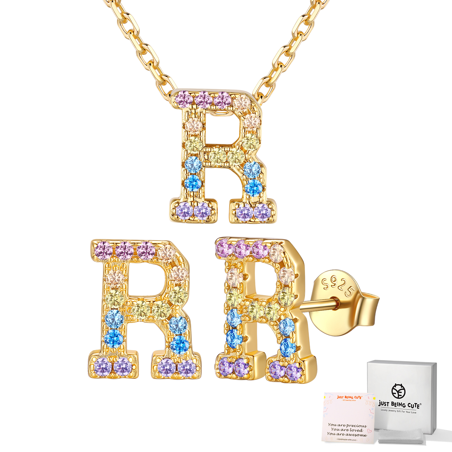 Just Being Cute Women Initial Jewelry Set, 14K Gold Plated Necklace Earrings with Colorful Cubic Zirconia, Personalized Name Birthday Valentines Day Gifts Her Girlfriend Wife Lady Adults Age Ideas