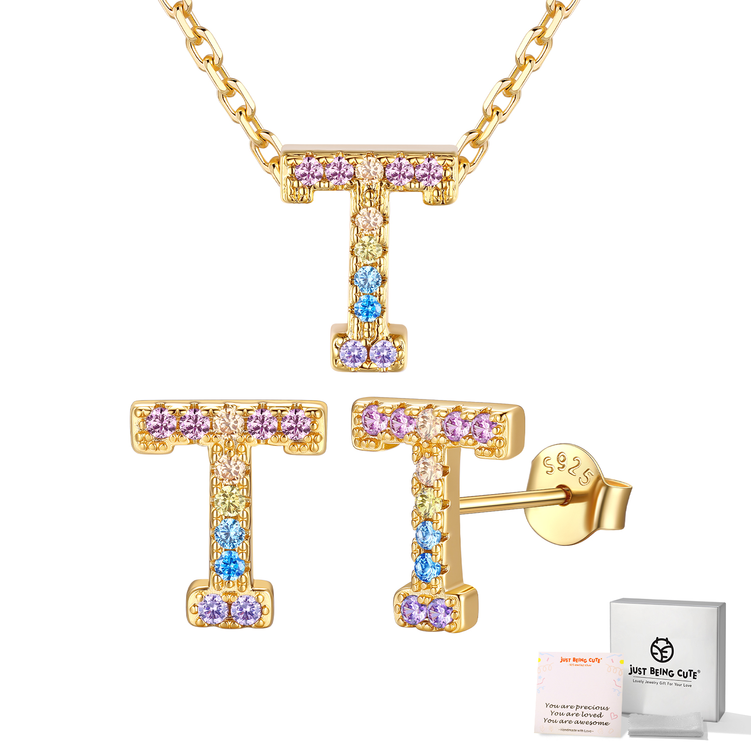 Just Being Cute Women Initial Jewelry Set, 14K Gold Plated Necklace Earrings with Colorful Cubic Zirconia, Personalized Name Birthday Valentines Day Gifts Her Girlfriend Wife Lady Adults Age Ideas