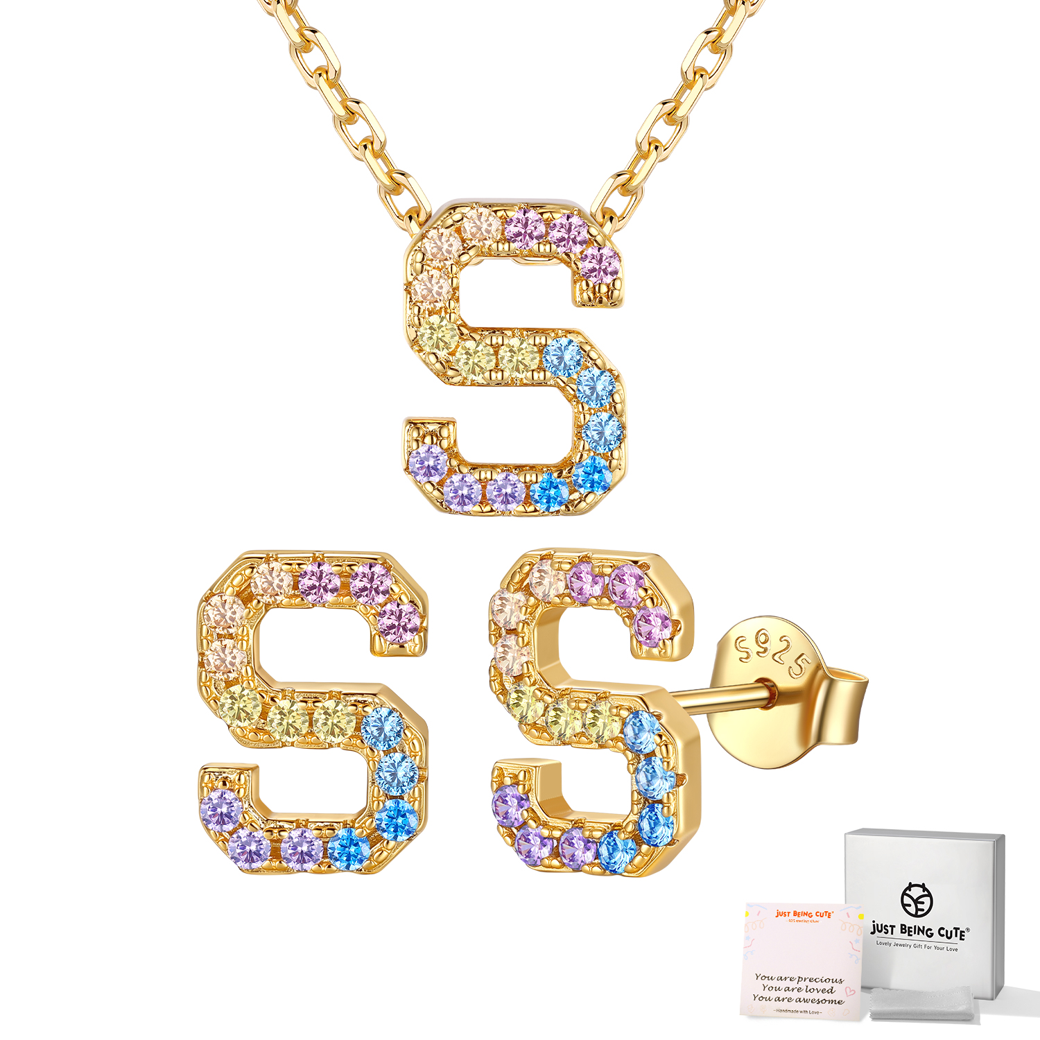 Just Being Cute Women Initial Jewelry Set, 14K Gold Plated Necklace Earrings with Colorful Cubic Zirconia, Personalized Name Birthday Valentines Day Gifts Her Girlfriend Wife Lady Adults Age Ideas