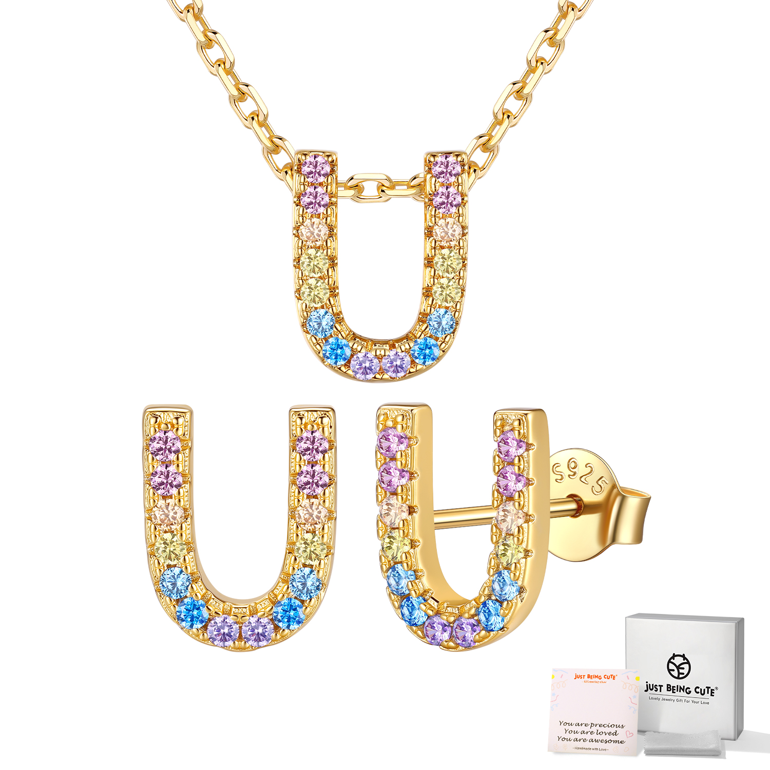 Just Being Cute Women Initial Jewelry Set, 14K Gold Plated Necklace Earrings with Colorful Cubic Zirconia, Personalized Name Birthday Valentines Day Gifts Her Girlfriend Wife Lady Adults Age Ideas