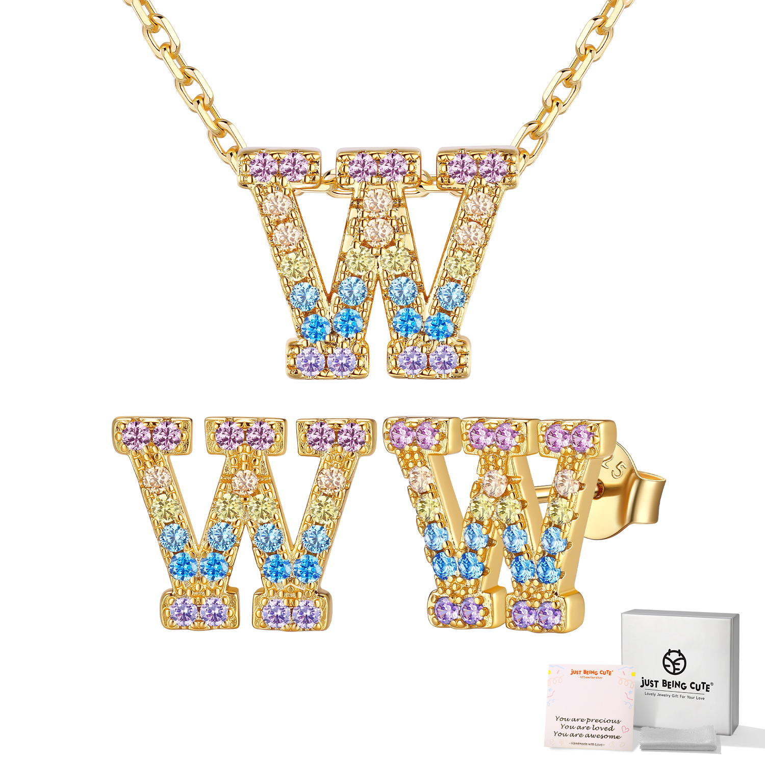 Just Being Cute Women Initial Jewelry Set, 14K Gold Plated Necklace Earrings with Colorful Cubic Zirconia, Personalized Name Birthday Valentines Day Gifts Her Girlfriend Wife Lady Adults Age Ideas