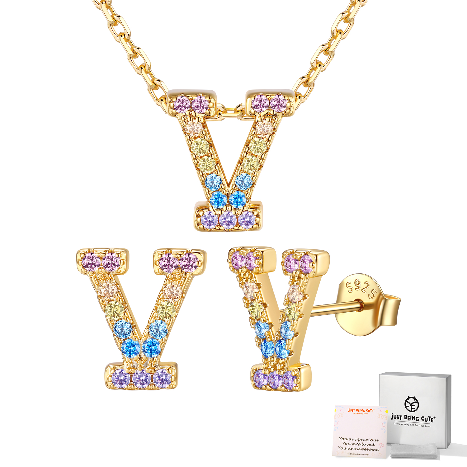 Just Being Cute Women Initial Jewelry Set, 14K Gold Plated Necklace Earrings with Colorful Cubic Zirconia, Personalized Name Birthday Valentines Day Gifts Her Girlfriend Wife Lady Adults Age Ideas