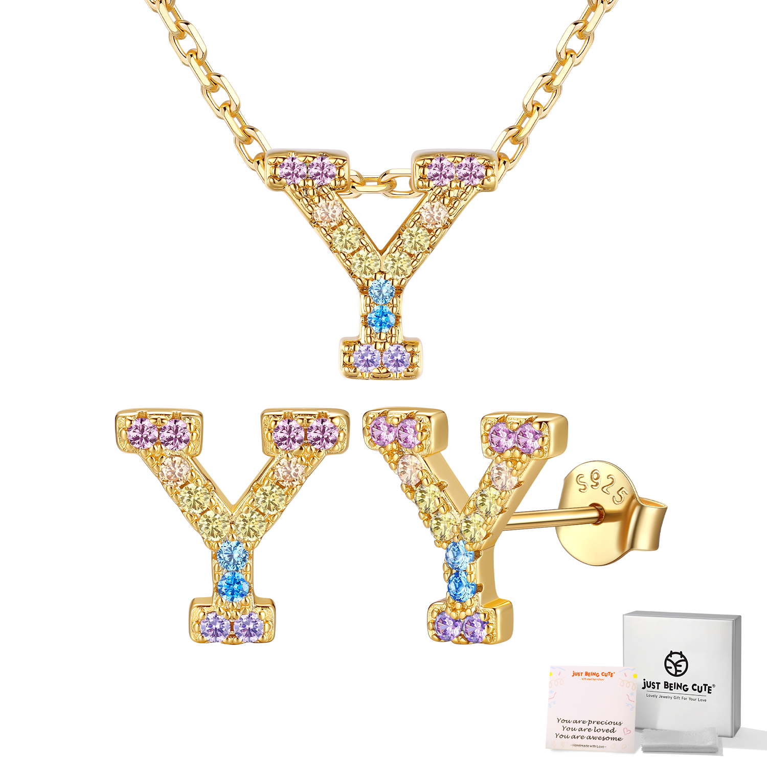 Just Being Cute Women Initial Jewelry Set, 14K Gold Plated Necklace Earrings with Colorful Cubic Zirconia, Personalized Name Birthday Valentines Day Gifts Her Girlfriend Wife Lady Adults Age Ideas