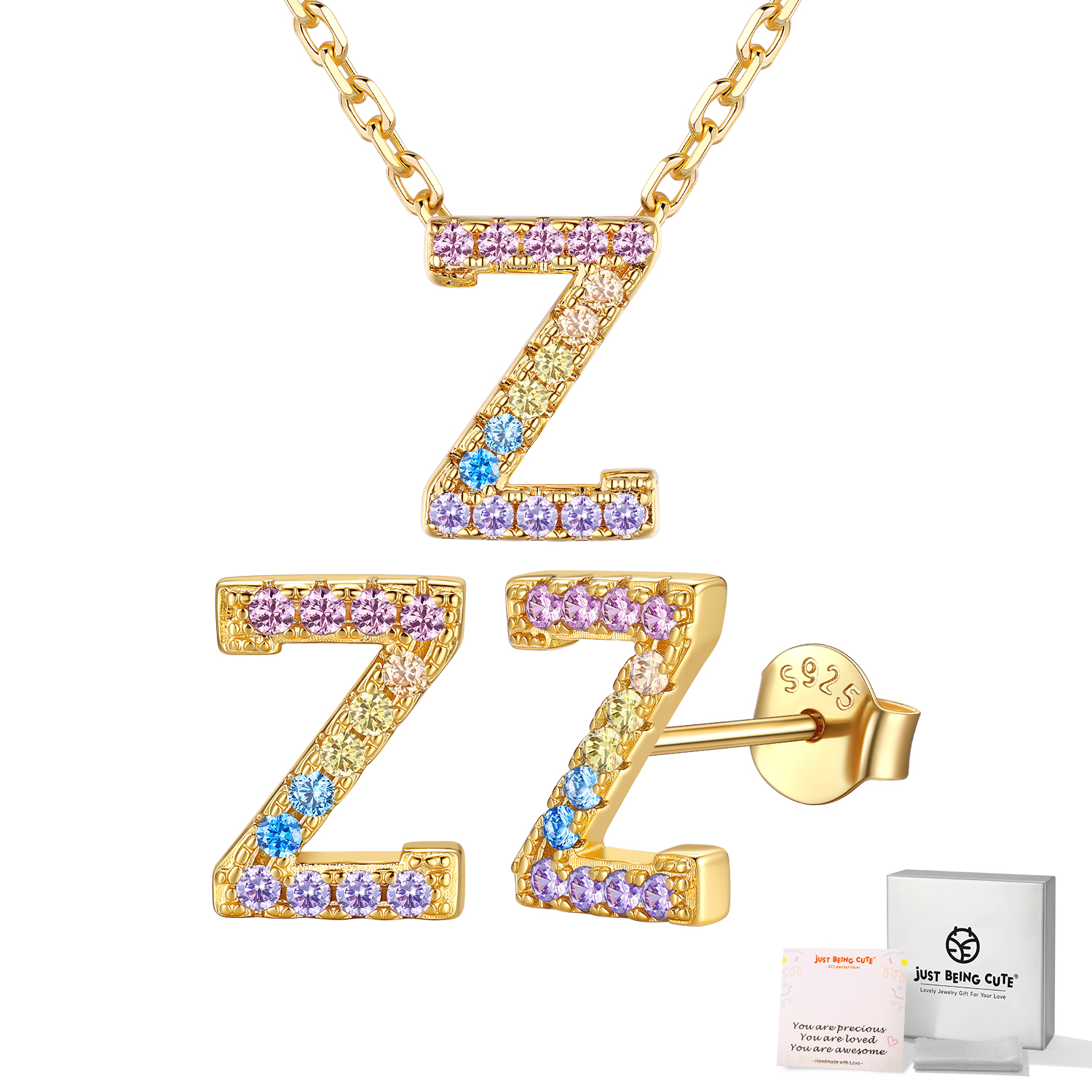 Just Being Cute Women Initial Jewelry Set, 14K Gold Plated Necklace Earrings with Colorful Cubic Zirconia, Personalized Name Birthday Valentines Day Gifts Her Girlfriend Wife Lady Adults Age Ideas