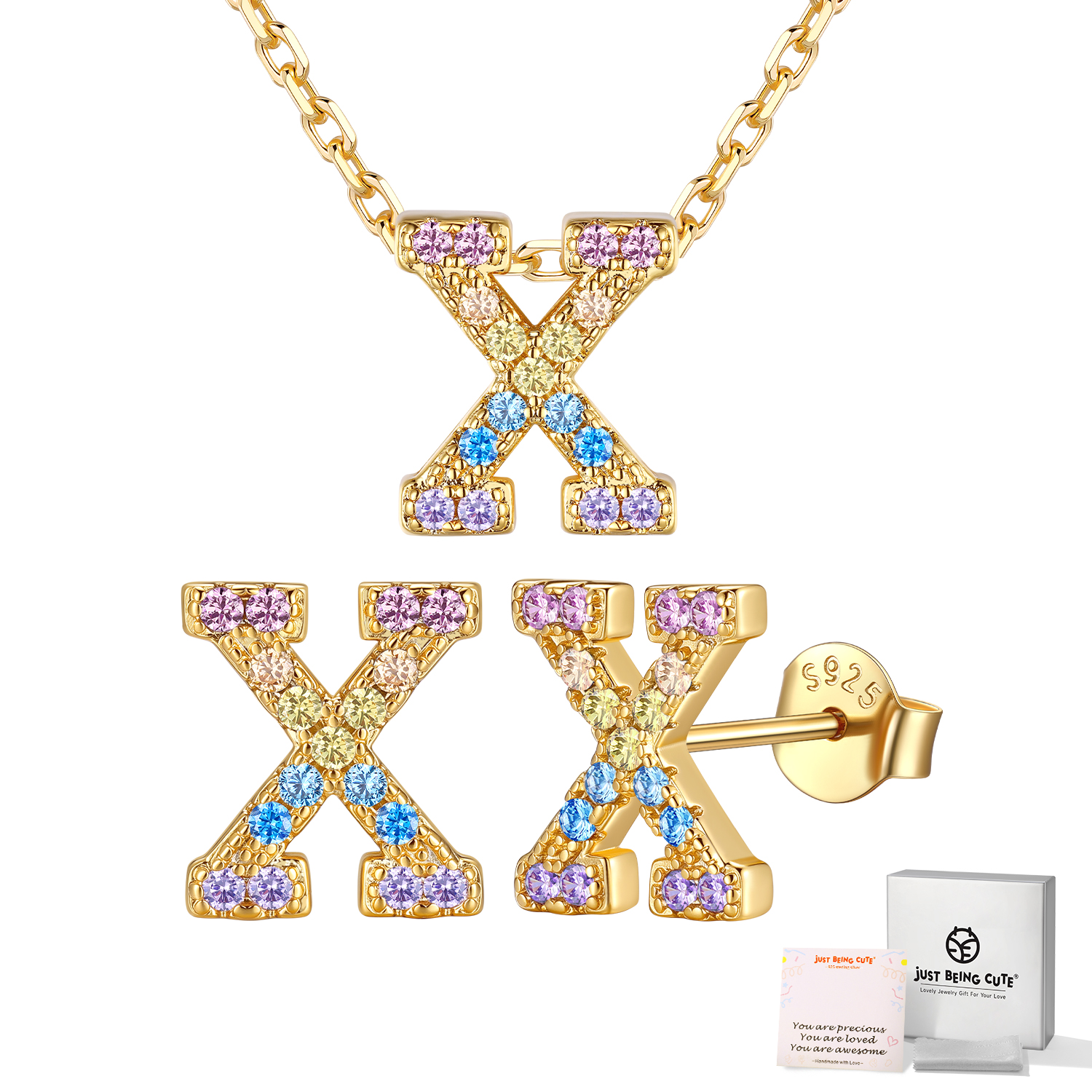Just Being Cute Women Initial Jewelry Set, 14K Gold Plated Necklace Earrings with Colorful Cubic Zirconia, Personalized Name Birthday Valentines Day Gifts Her Girlfriend Wife Lady Adults Age Ideas
