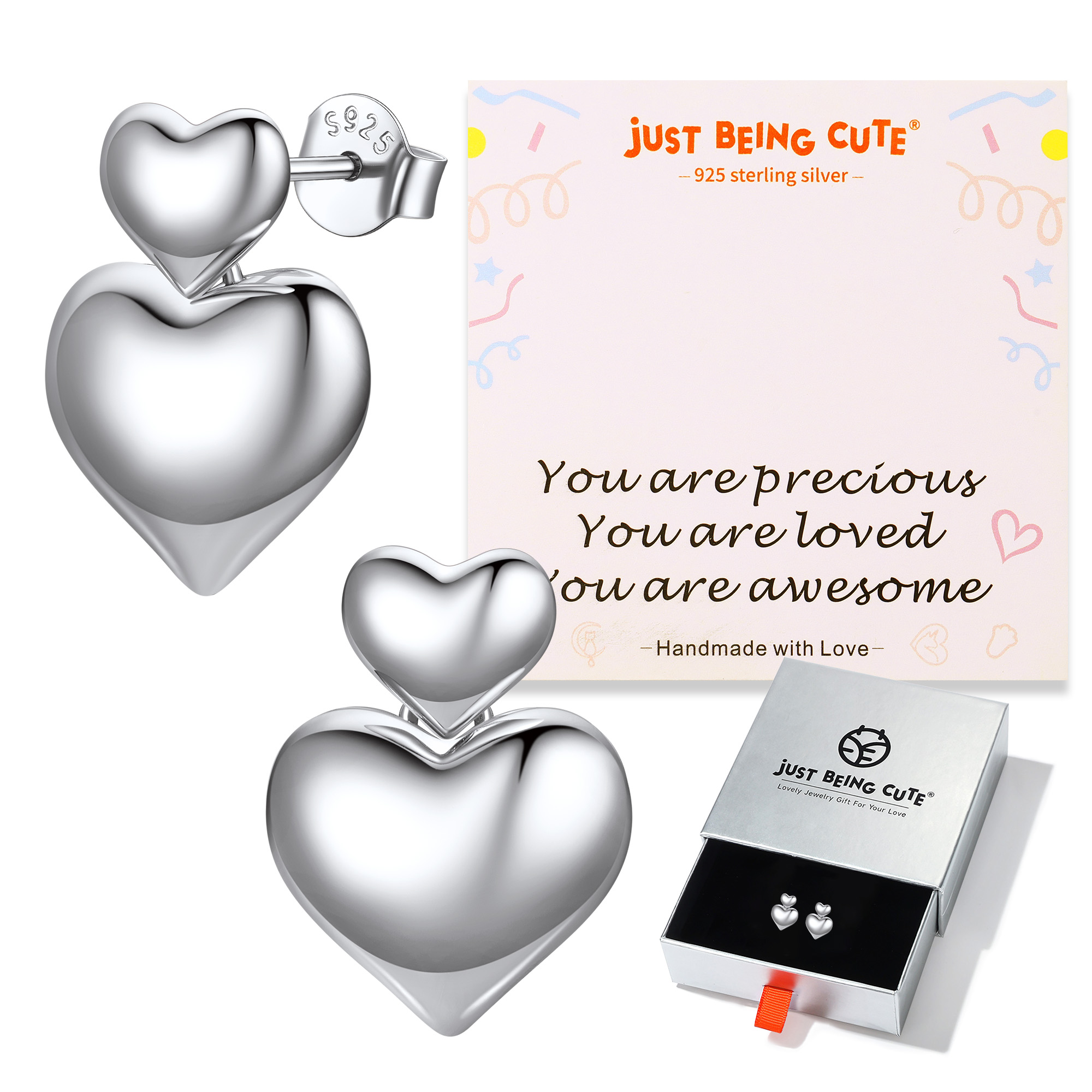 Just Being Cute Heart Earrings for Women, Sterling Silver Double Bubble Hearts Puffy Studs Anniversary Jewelry Gifts for Her Wife with Card
