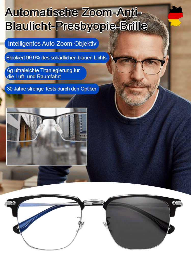 Intelligente Zoom-Brille ✨ Keine Sehtest erforderlich, die Brillenstärke passt sich automatisch an Ihre Sehbedürfnisse im Bereich von -7 bis +7 an. Kann 99,9% des Blaulichts blockieren ✨