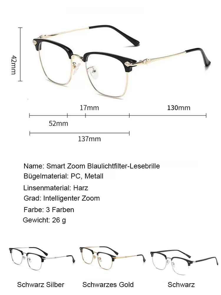 Kein Sehtest nötig! Diese Autofokus-Lesebrille mit Blaulichtfilter passt sich automatisch von -1 bis +7 Dioptrien an. Garantiert passend, ohne Sorgen.