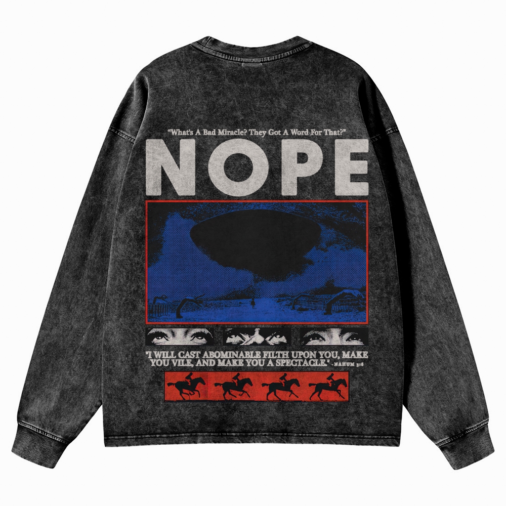 Nope Sci-Fi Horror Graphic Retro Washed Long-Sleeved T-Shirt