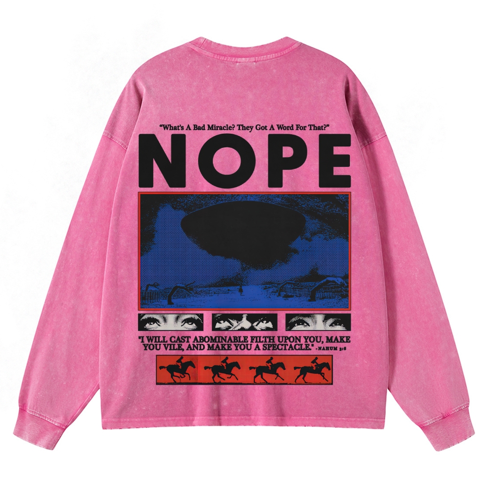 Nope Sci-Fi Horror Graphic Retro Washed Long-Sleeved T-Shirt