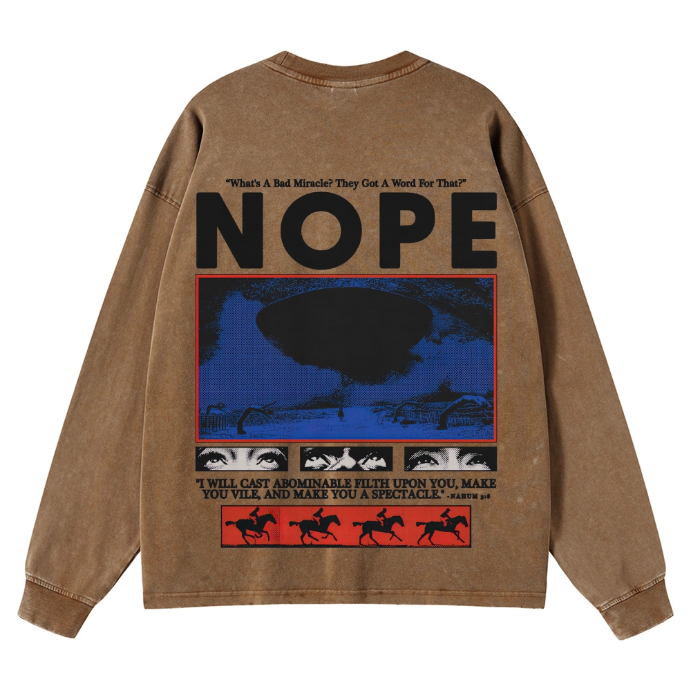 Nope Sci-Fi Horror Graphic Retro Washed Long-Sleeved T-Shirt