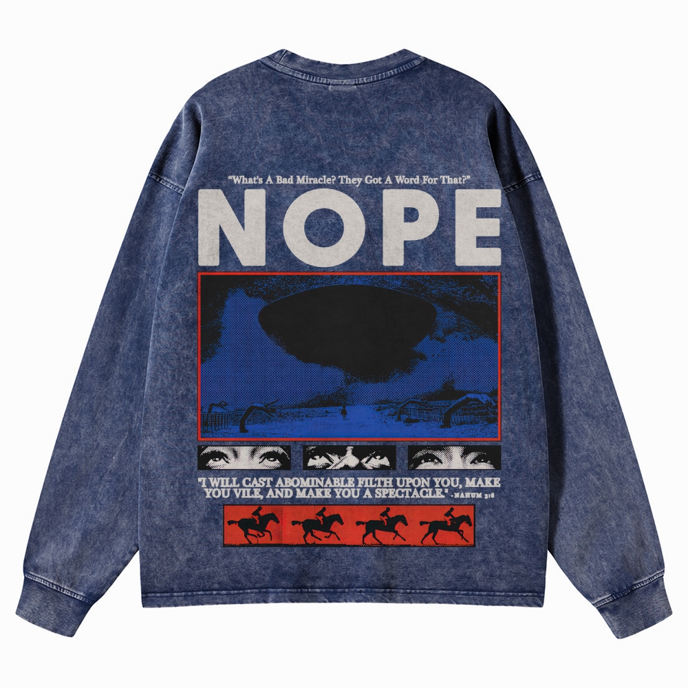 Nope Sci-Fi Horror Graphic Retro Washed Long-Sleeved T-Shirt