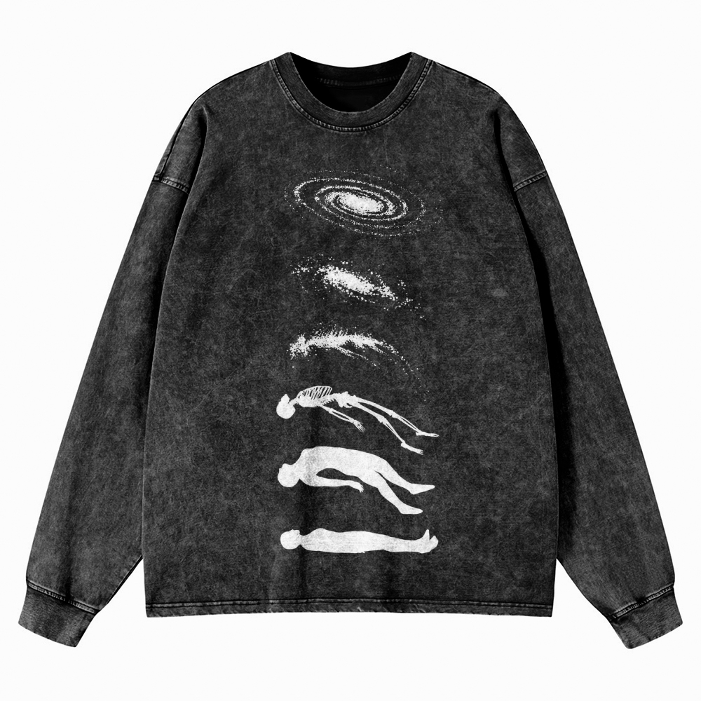 Galaxy & Human Evolution Graphic Washed Long-Sleeved T-Shirt
